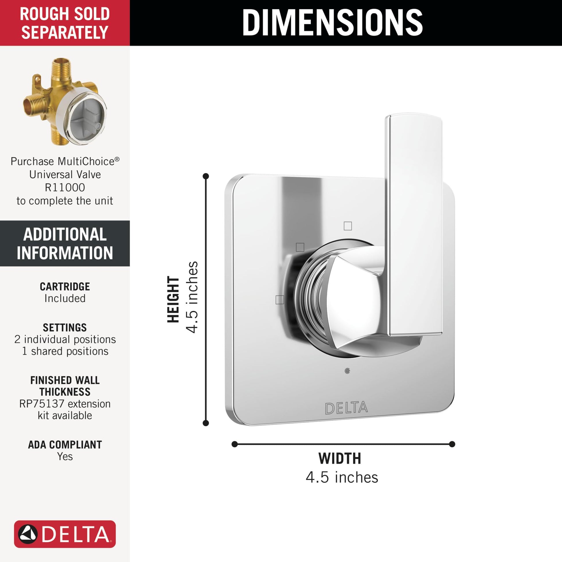 Delta T11837 Velum Three Function Diverter Valve Trim Less Rough-In Valve - Two Independent Positions, One Shared Position - Chrome