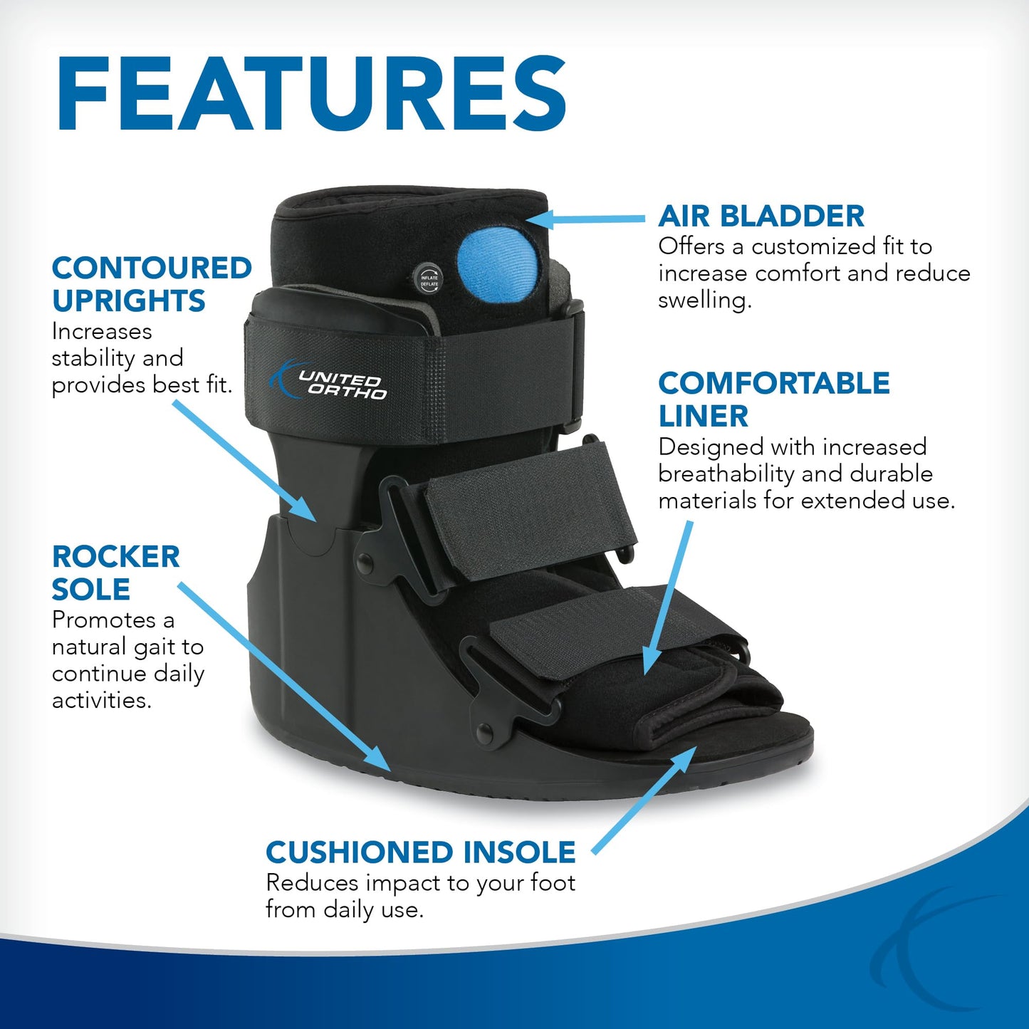 United Ortho Short Air Cam Walker Fracture Boot, Extra Large, Black