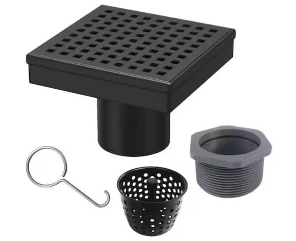 4 in. X 4 in. Matte Black Square Shower Drain with Square Pattern Drain Cover