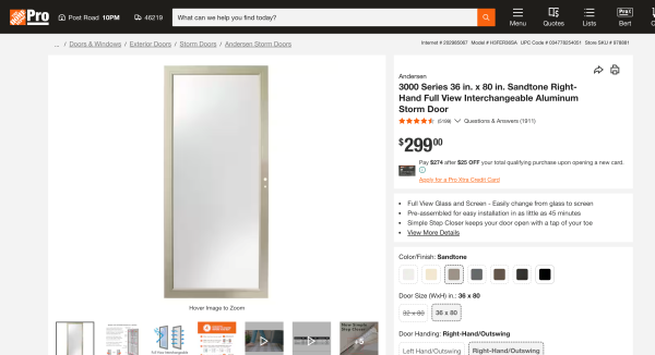 Andersen 3000 Series 36 in. Sandtone Fullview Easy Install Storm Door