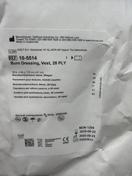 DeRoyal Burn Dressing Vest 10-5514 30x36 28 Ply
