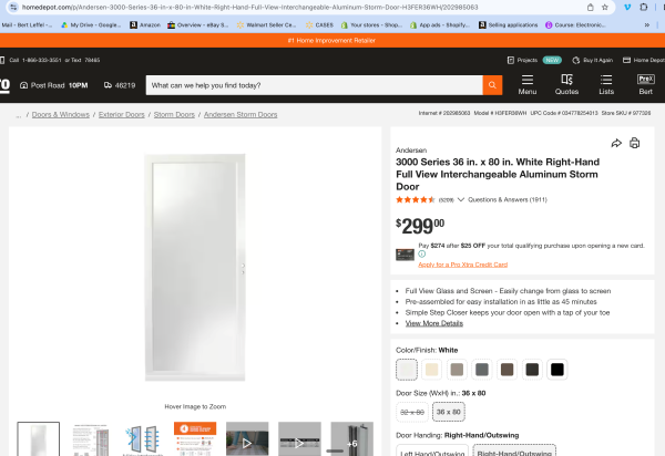 Andersen 3000 Series 36 in. White Fullview Easy Install Storm Door