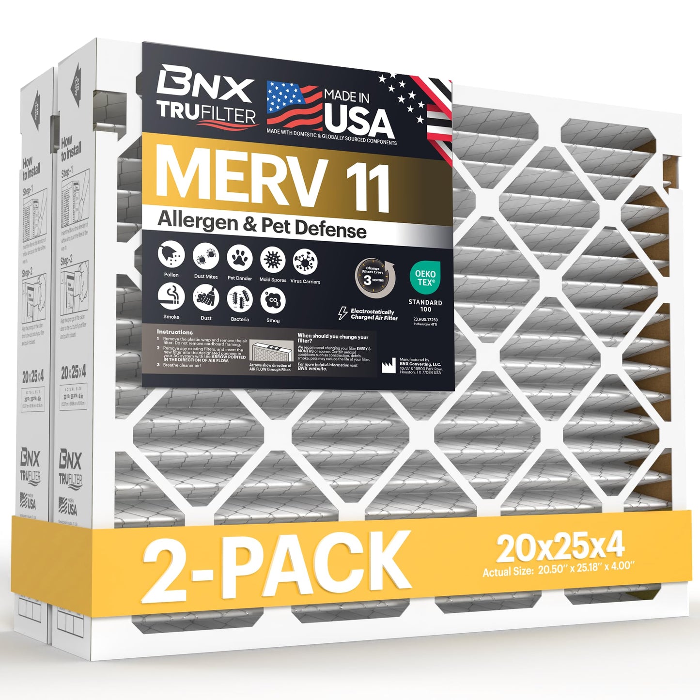 BNX TruFilter 20x25x4 Air Filter MERV 11 (20.50’’ x 25.18’’ x 4.00‘’ (Compatible with Aprilaire 210) (2-Pack) MADE IN USA Furnace Filters HVAC AC Furnace Filters for Allergy Dust, Pet, MPR 1200 FPR 7