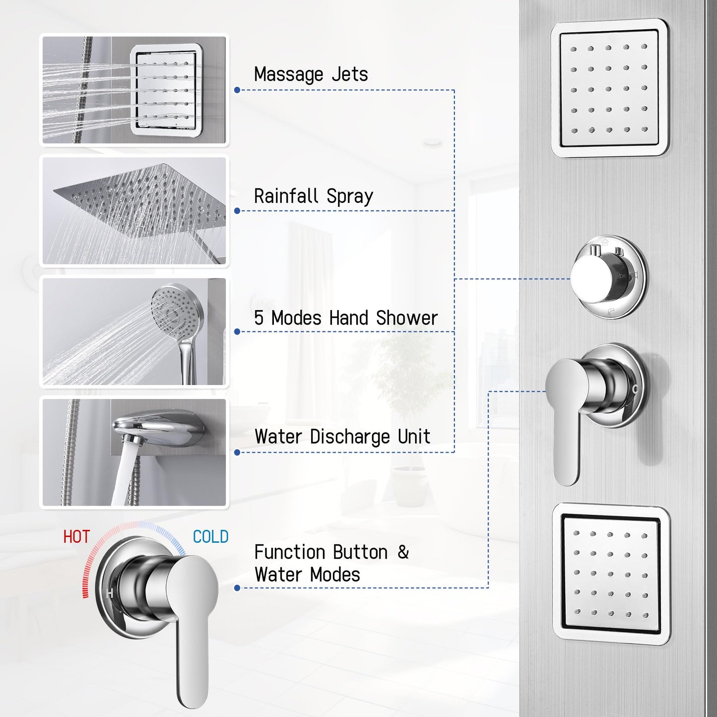 Shower Panel Tower System with Shelf, Body Jet Massage, Tub Spout, Total 4 Body Spray & 5 Handheld Settings, Adjustable Height, Rainfall + Waterfall Shower Head, Rain Massage Spa System For Bathroom