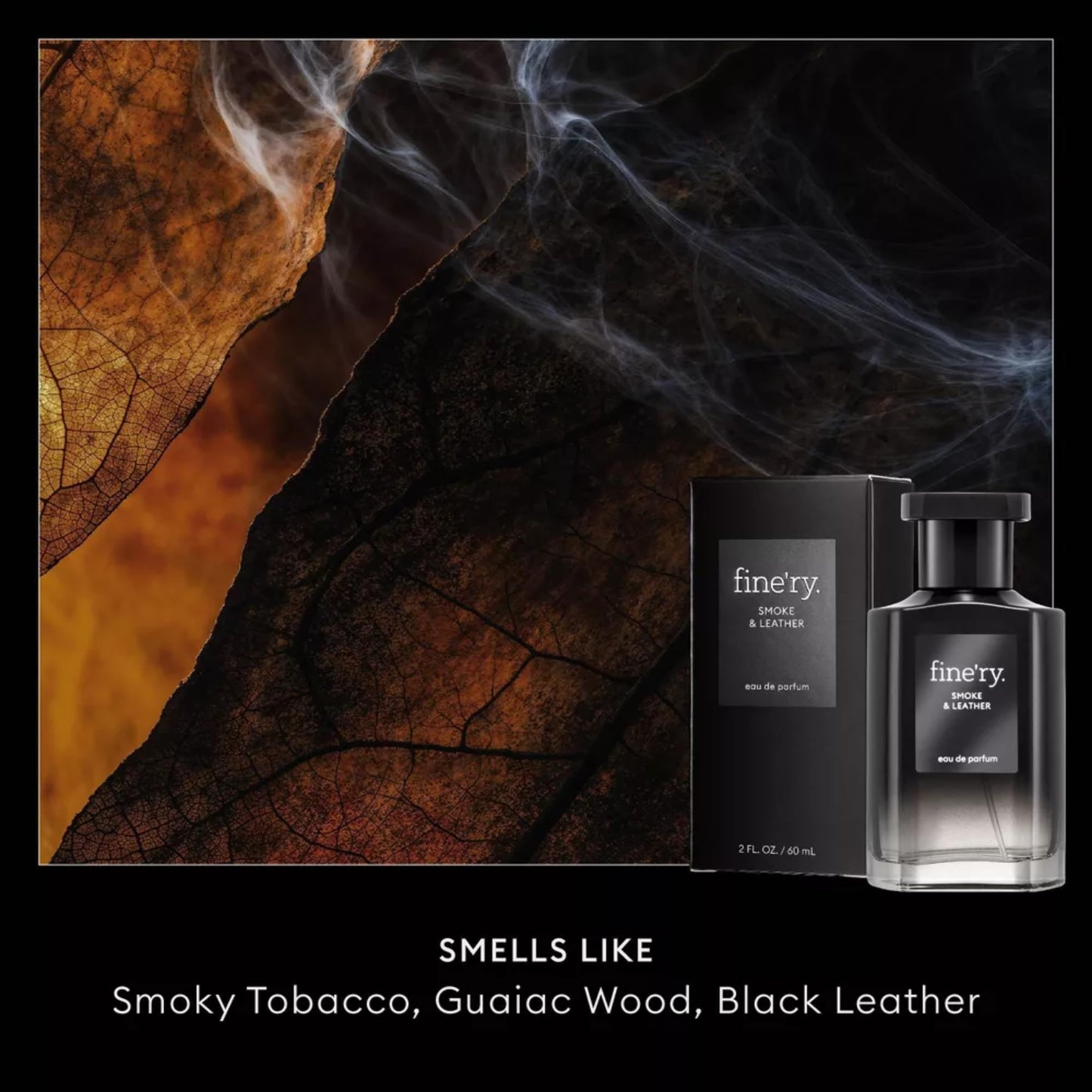 Fine'ry Perfume for Men Smoke & Leather Cologne | Smoky Tobacco, Guaiac Wood, Black Leather Full Size Hair & Body Eau De Parfum Long-Lasting, Clean, Vegan | 2 oz