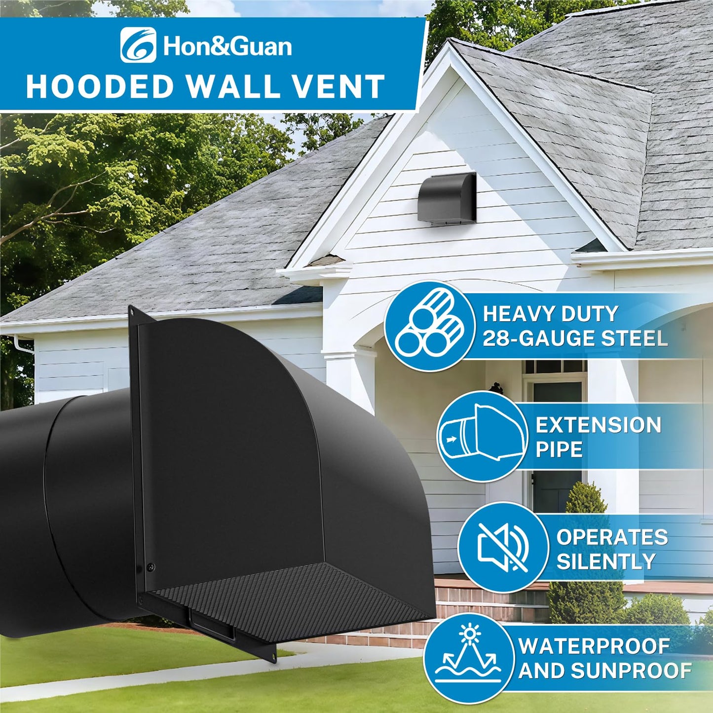 [Upgraded] Hon&Guan 8 Inch Hooded Wall Vent with Magnetic Seal Flap and Removable Mesh,Arc-Shaped 8'' Exhaust Wall Vent Cover Cap for Kitchen Range Hood/Dryer/Bathroom Exhaust (Galvanized Steel,Black)