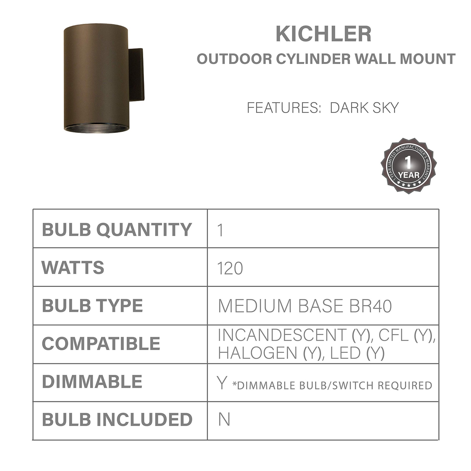 Kichler 9236AZ Outdoor Cylinder Wall Mount Sconce DownLight, Bronze 1-Light (6" W x 8" H) 120 Watts