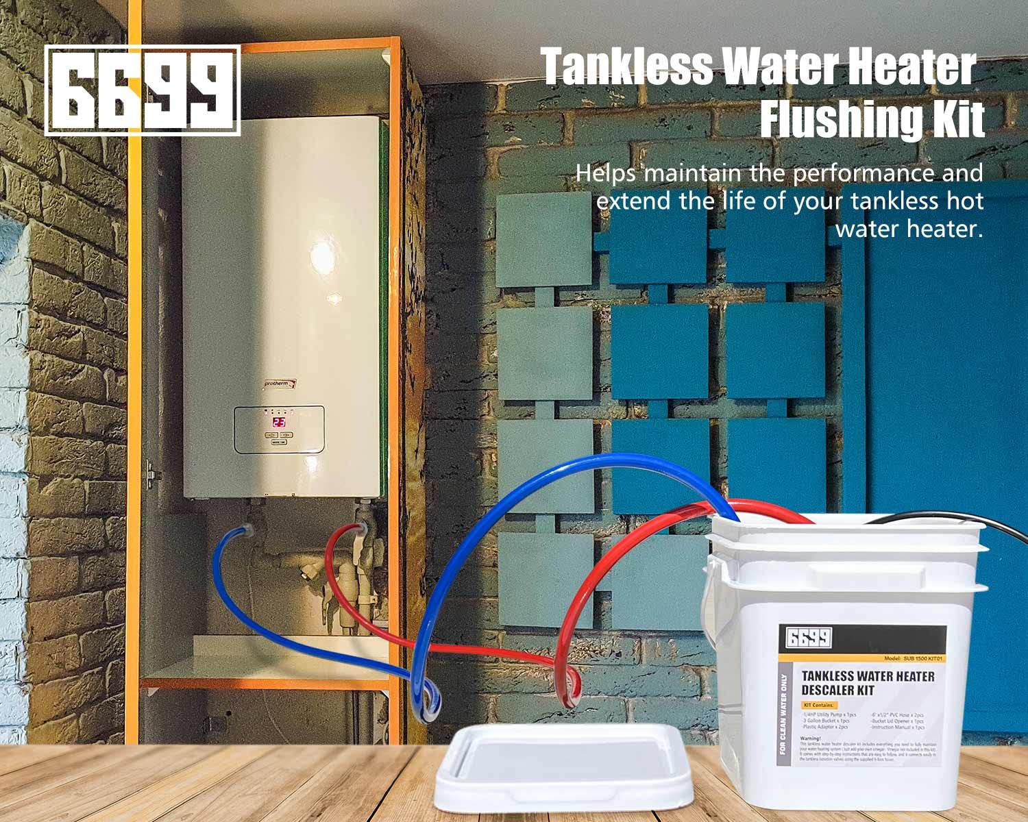 6699 Tankless Water Heater Flushing Kit Includes 1/6HP Submersible Sump Pump with Two Adapters & 3 Gallons Pail with Bucket Lid Opener & Two 1/2” Dia X 6’ PVC Hoses with Washers