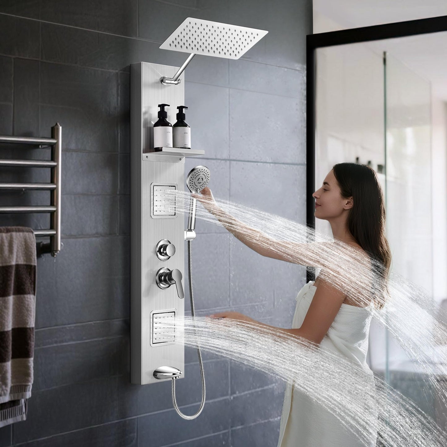Shower Panel Tower System with Shelf, Body Jet Massage, Tub Spout, Total 4 Body Spray & 5 Handheld Settings, Adjustable Height, Rainfall + Waterfall Shower Head, Rain Massage Spa System For Bathroom