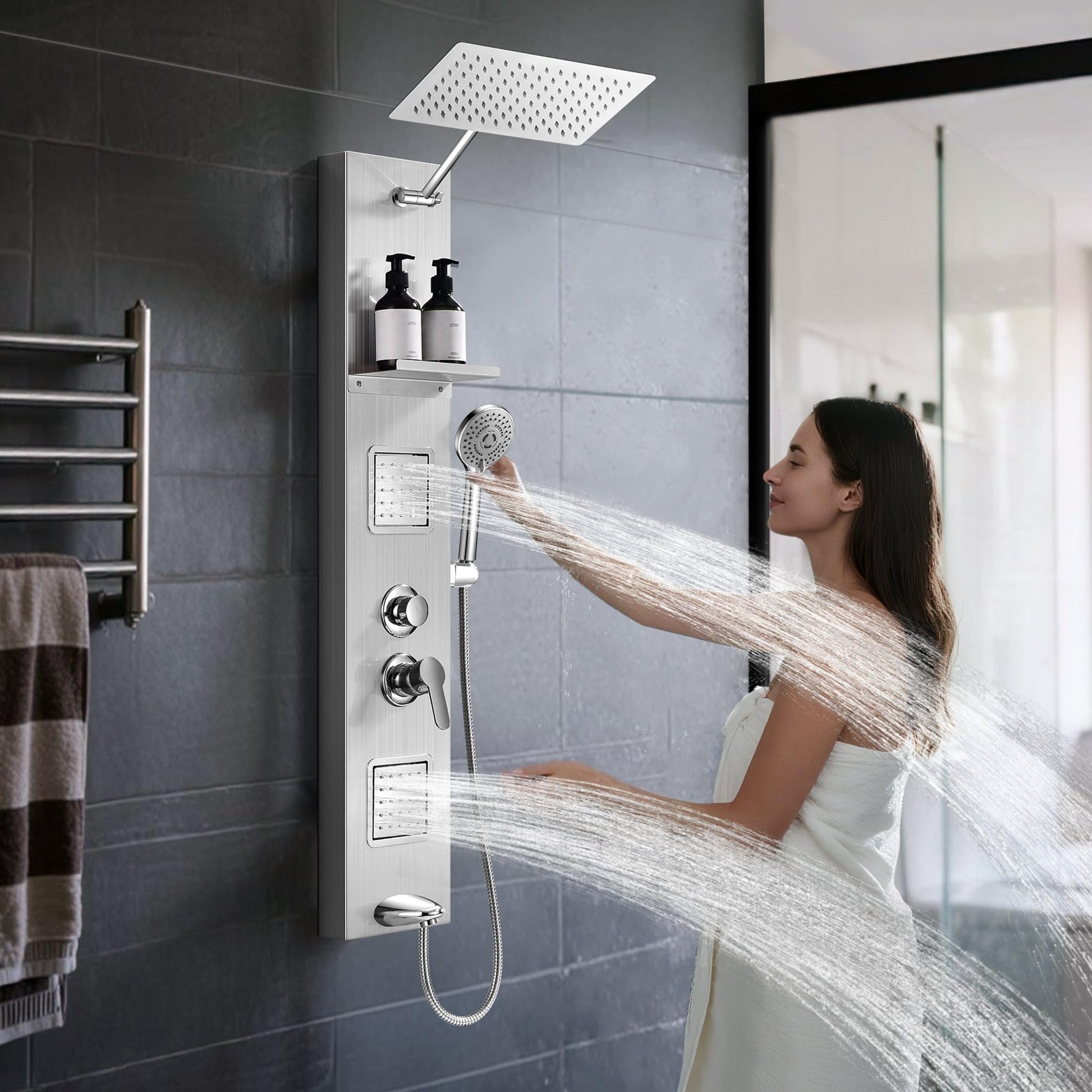 Shower Panel Tower System with Shelf, Body Jet Massage, Tub Spout, Total 4 Body Spray & 5 Handheld Settings, Adjustable Height, Rainfall + Waterfall Shower Head, Rain Massage Spa System For Bathroom