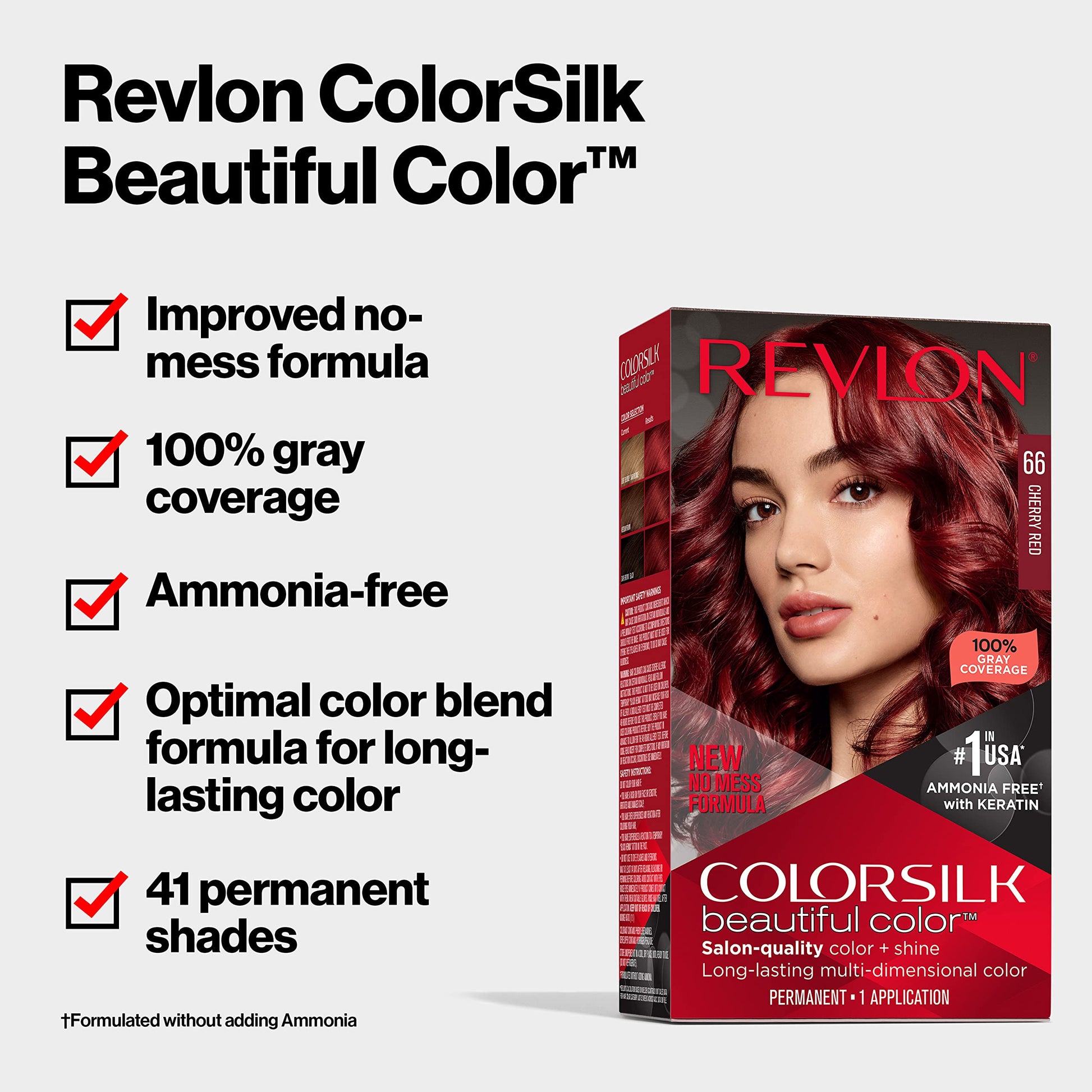 Revlon Colorsilk Beautiful Color Permanent Hair Color, Long-Lasting High-Definition Color, Shine & Silky Softness with 100% Gray Coverage, Ammonia Free, 066 Cherry Red, 1 Pack