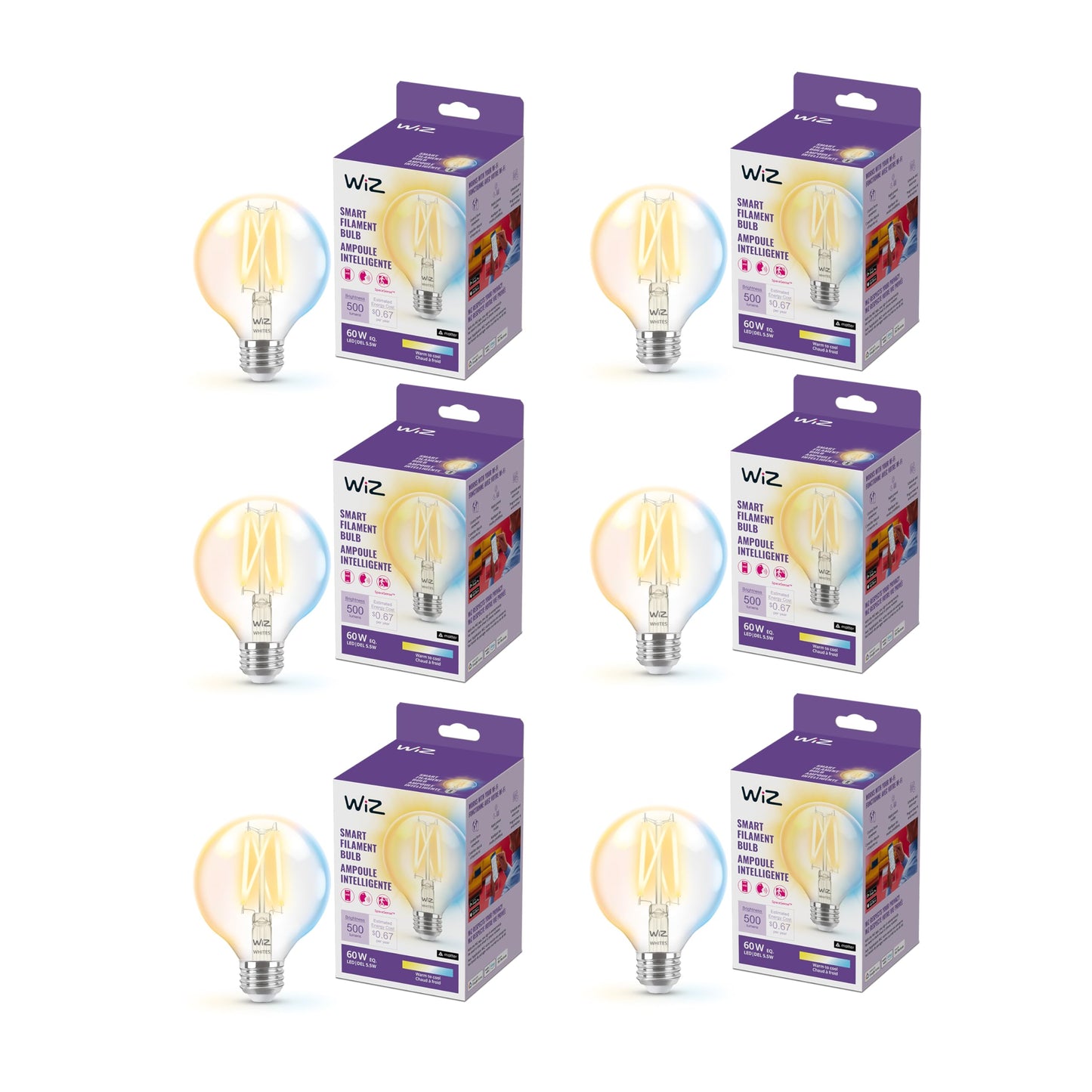 WiZ Connected 60W G25 Tunable White Filament Smart Light Bulbs - E26 LED Bulb - Control with Voice or App + Activate with Motion - Matter Compatible - 1 Pack
