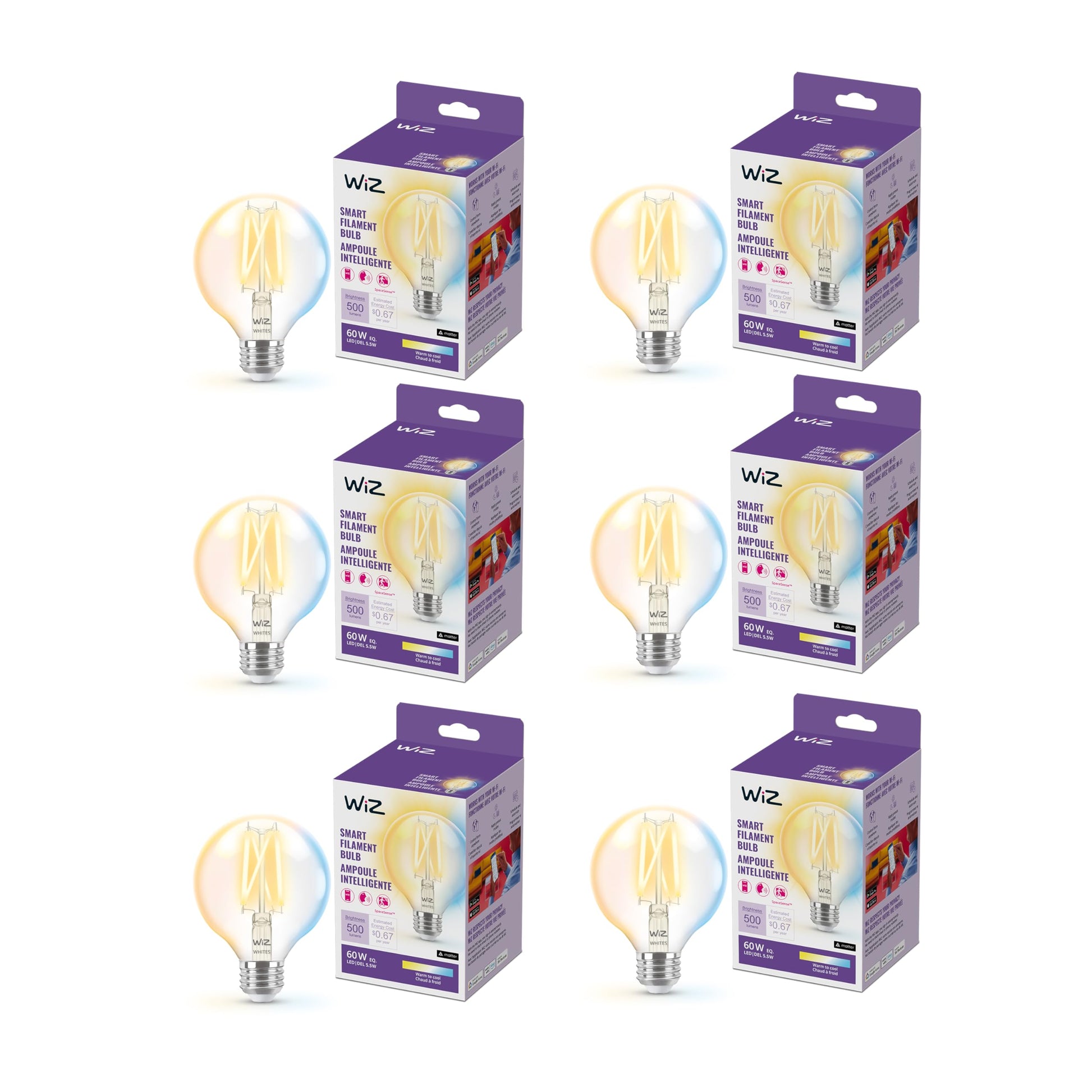 WiZ Connected 60W G25 Tunable White Filament Smart Light Bulbs - E26 LED Bulb - Control with Voice or App + Activate with Motion - Matter Compatible - 1 Pack