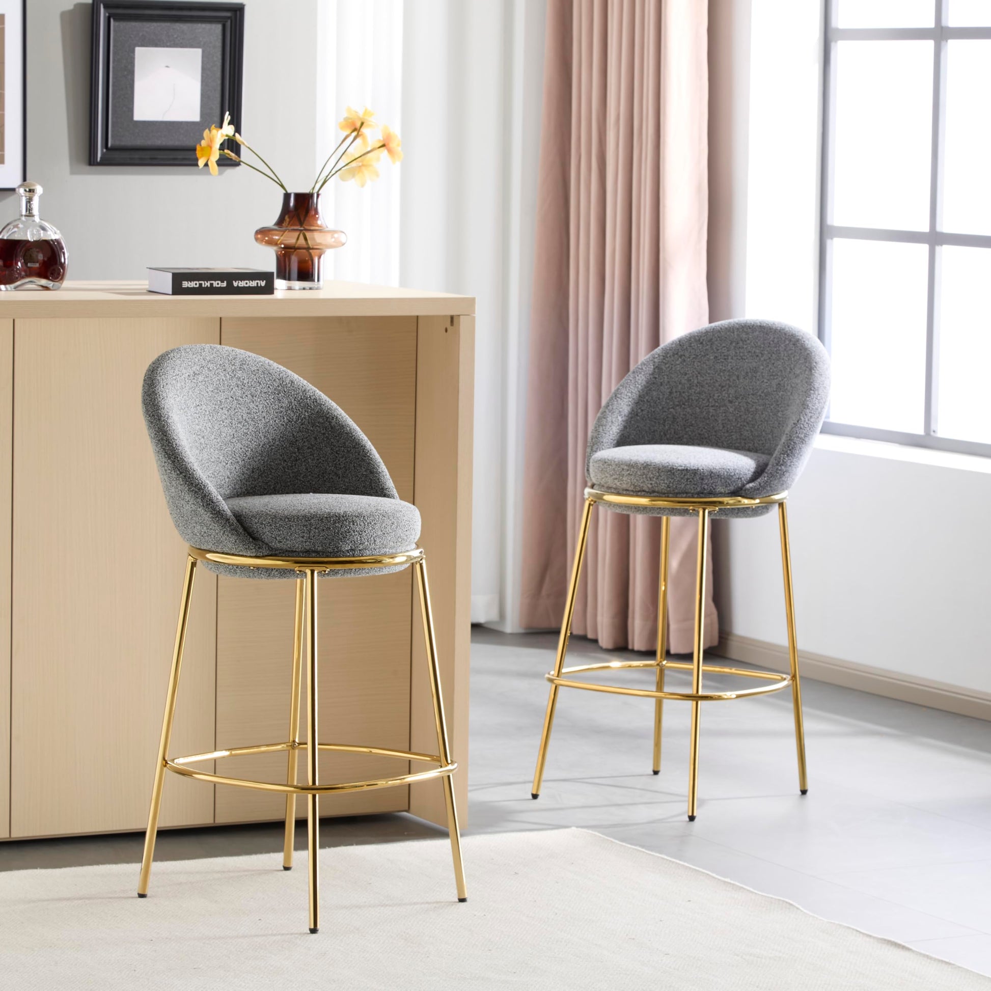 GDFStudio Set of 6 Indoor Metal Upholstered Barstools,Gold-Plated Frame - Modern Ergonomic Bar Chairs with Plush Seat & Half-Moon Backrest for Kitchen Island,Home Bar,Counter,30" Seat Height,Gray