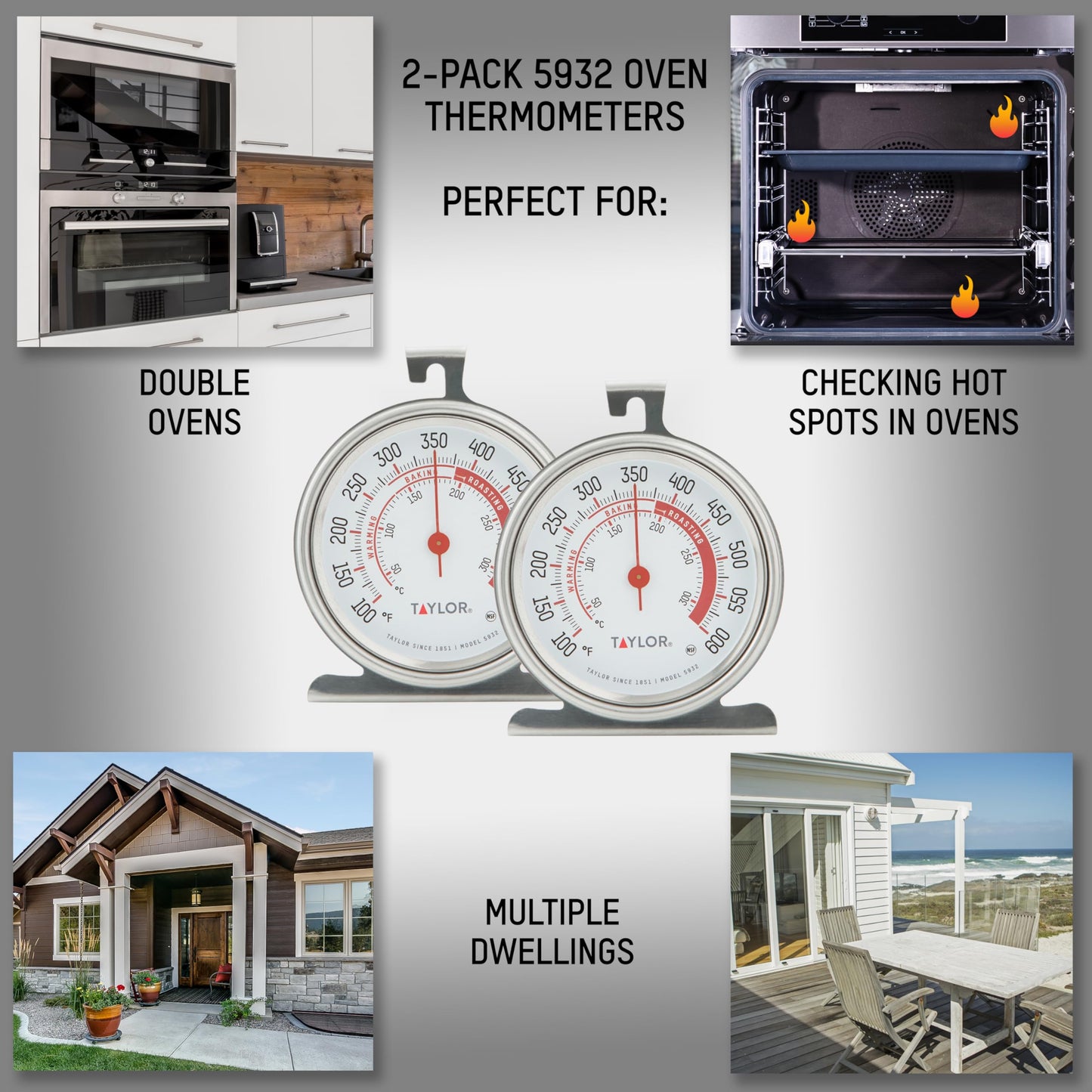 Taylor 5932 Large Dial Oven Thermometer 2 Pack, 3.25 Inch Stainless Steel Kitchen Cooking Thermometer for Oven, BBQ, Grill, Roasting, High Heat Resistance, Silver