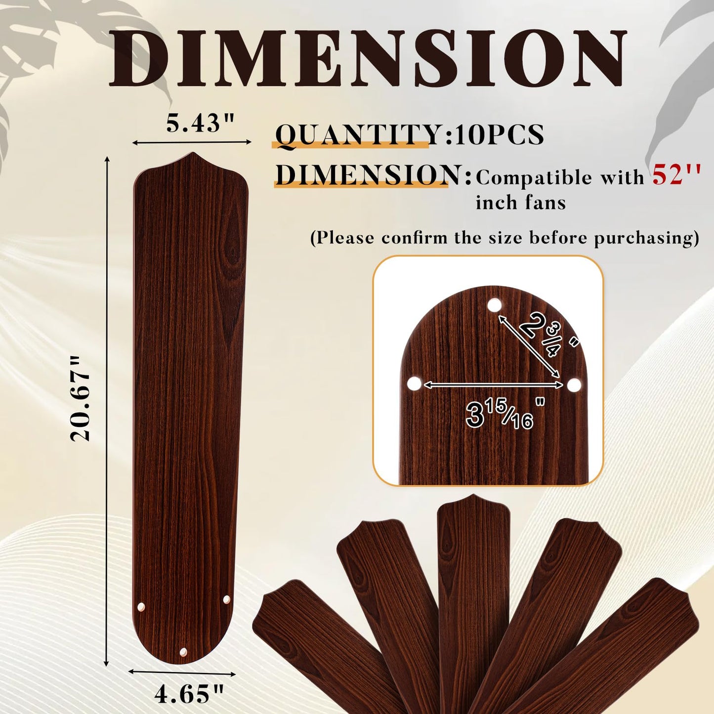 Lineshading 10 Pack 20" Replacement Fan Blades for 52" Ceiling Fan Waterproof Weatherproof Blades Replacement for Broken Substitution Replacing Indoor Summer(Wood Color)