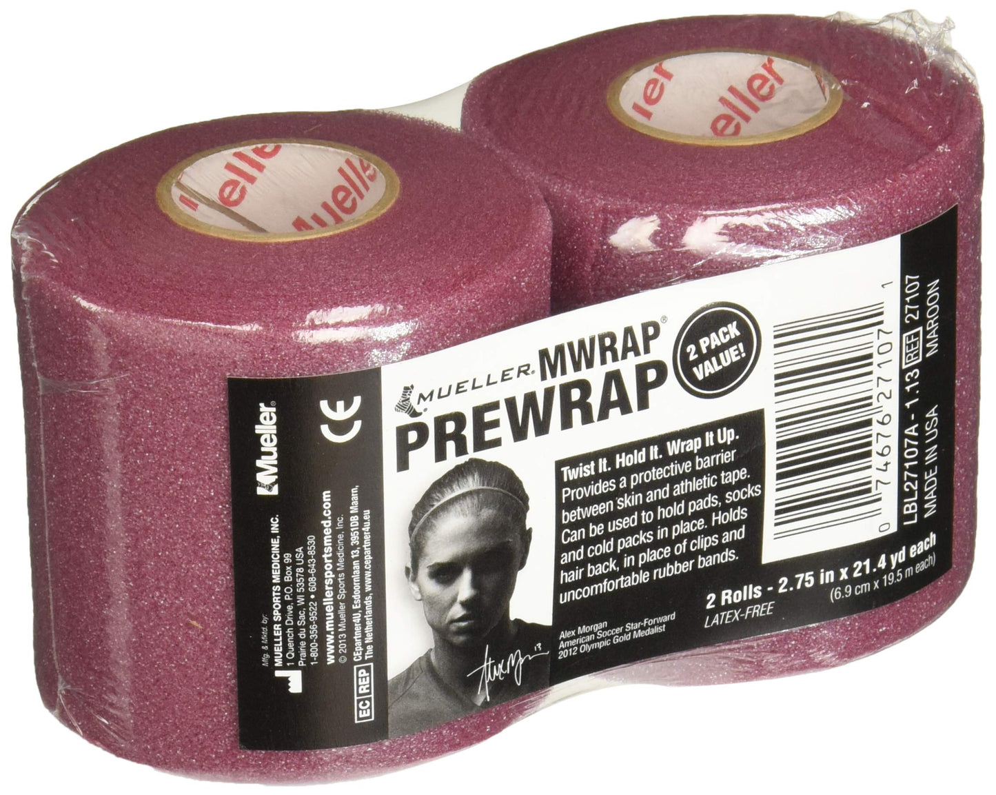MUELLER Sports Medicine MWrap, Pre Wrap, Athletic Tape Underwrap for Sports, Hair, Ankles, Wrist, Hands and Knees, Water-Resistant, Latex Free, 2.75" x 21.4 Yards Per Roll, 2 Rolls, Maroon