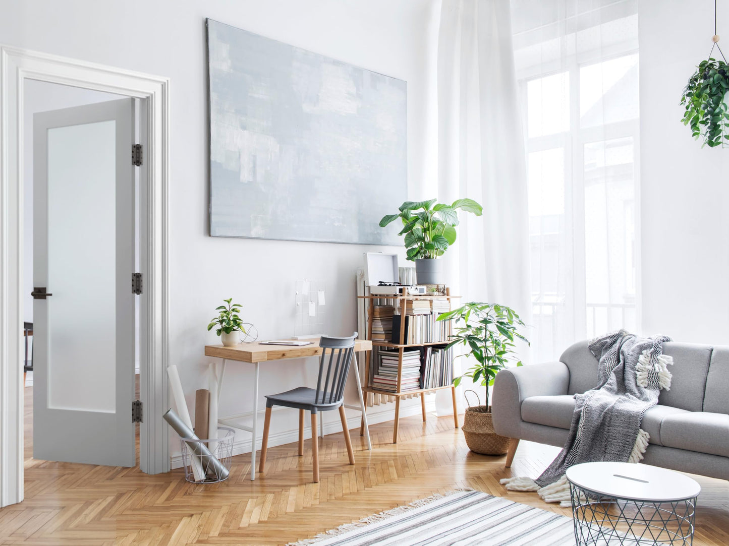 30 in. x 80 in.Right-Handed Solid Core White Primed Composite Single Prehung Interior Door Frosted Glass Shiny Nickel - top of frame cracked