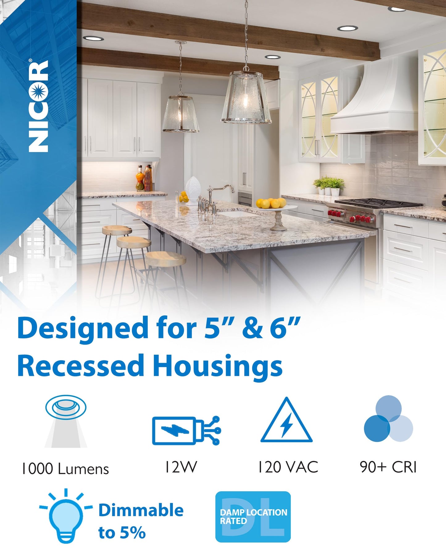 Recessed Light Fixtures - IXD 5-in & 6-in Recessed LED Ceiling Light - Dimmable Living Room, Bedroom, Bathroom, & Kitchen Lighting - White, 12 Packs - NICOR Lighting