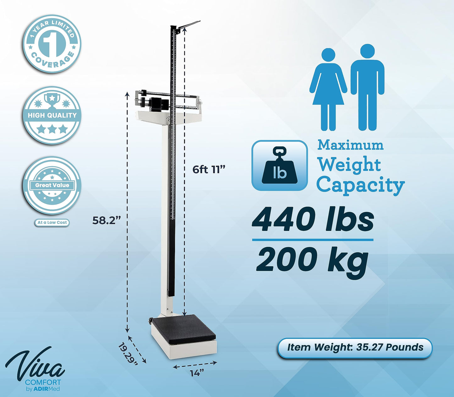 AdirMed Mechanical Physician Scale with Height Rod - Manual Measuring Scale - Eye-Level Display Dual Reading Die-Cast Beam with Two Sliding Weights & Retractable Height Rod