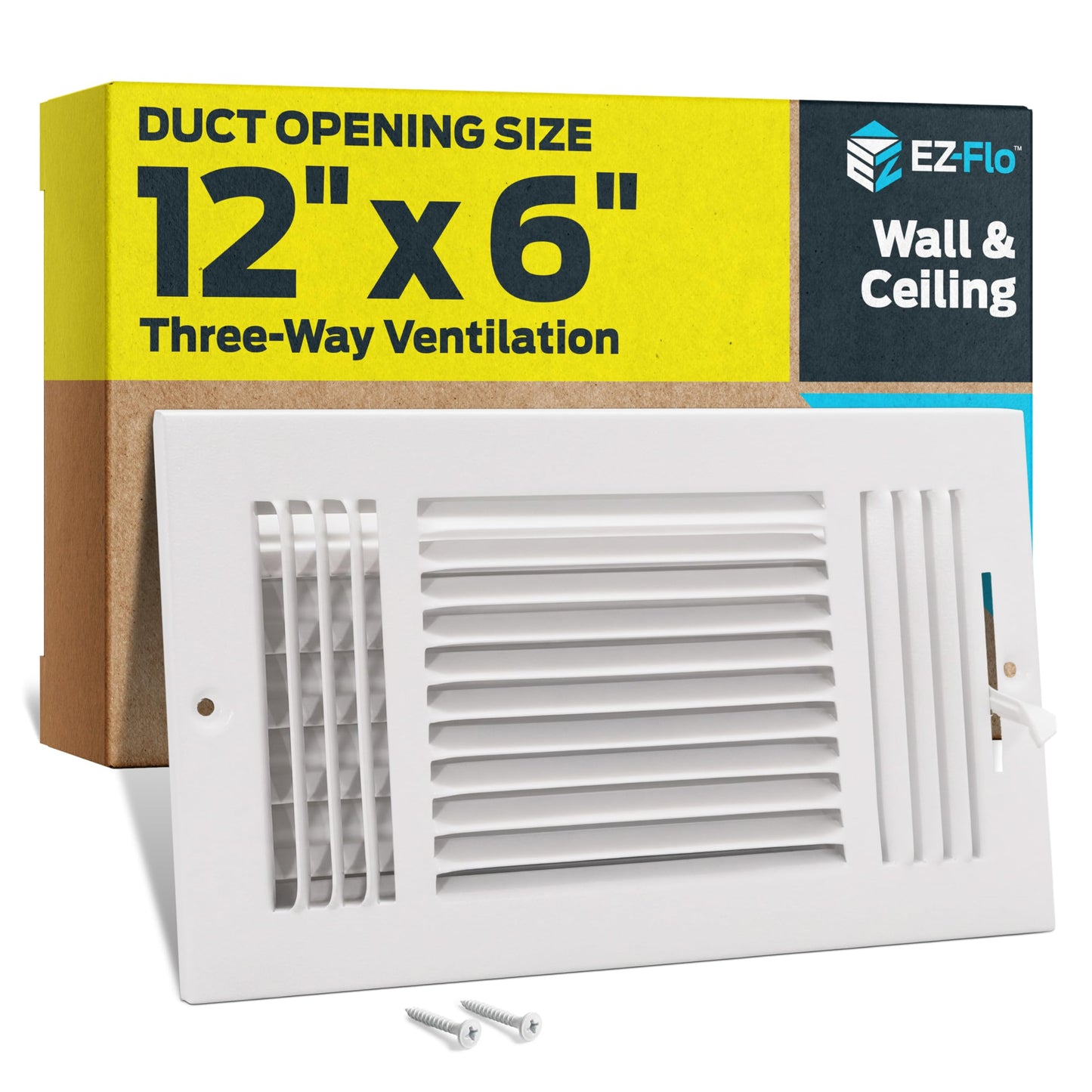 EZ-FLO 12 x 6 Inch (Duct Opening) Air Vent Cover for Wall or Ceiling, Three-Way Ventilation Register, Solid Steel HVAC Register Cover, White, 61615