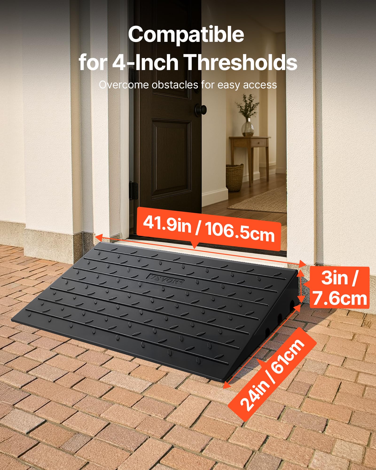 VEVOR 3" Rise Rubber Threshold Ramp, 3 Channels Cord Cover Door Ramp, No-Slip Surface, 2200 Lbs Load Capacity Rubber Ramp for for Home Doorways Driveways Curb Home Steps, 41.8" L x 24" W x 3" H, 53lbs