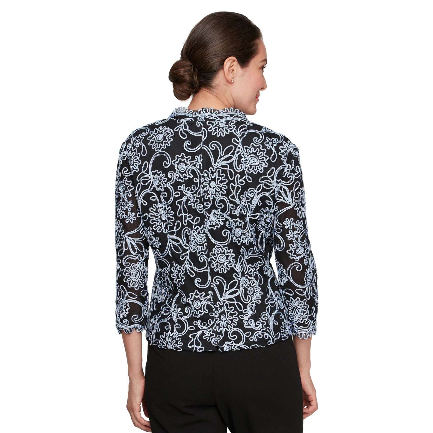 Alex Evenings Women's Stretch Embroidered Formal Event Blouse with Center Front Scallop Detail and Illusion Sleeves, Black/Hydrangea, Large