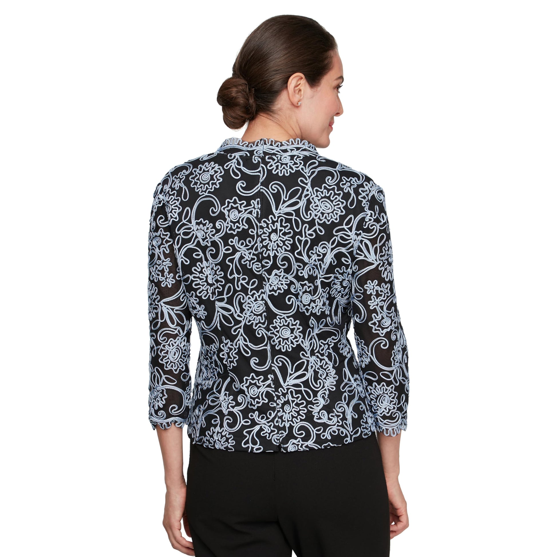 Alex Evenings Women's Stretch Embroidered Formal Event Blouse with Center Front Scallop Detail and Illusion Sleeves, Black/Hydrangea, Large