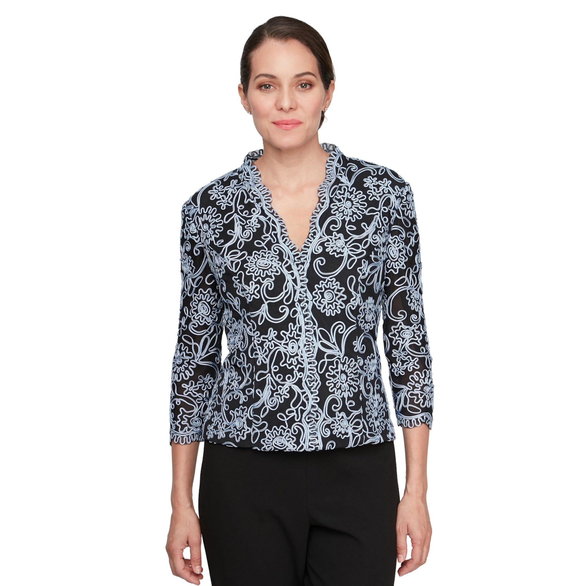 Alex Evenings Women's Stretch Embroidered Formal Event Blouse with Center Front Scallop Detail and Illusion Sleeves, Black/Hydrangea, Large