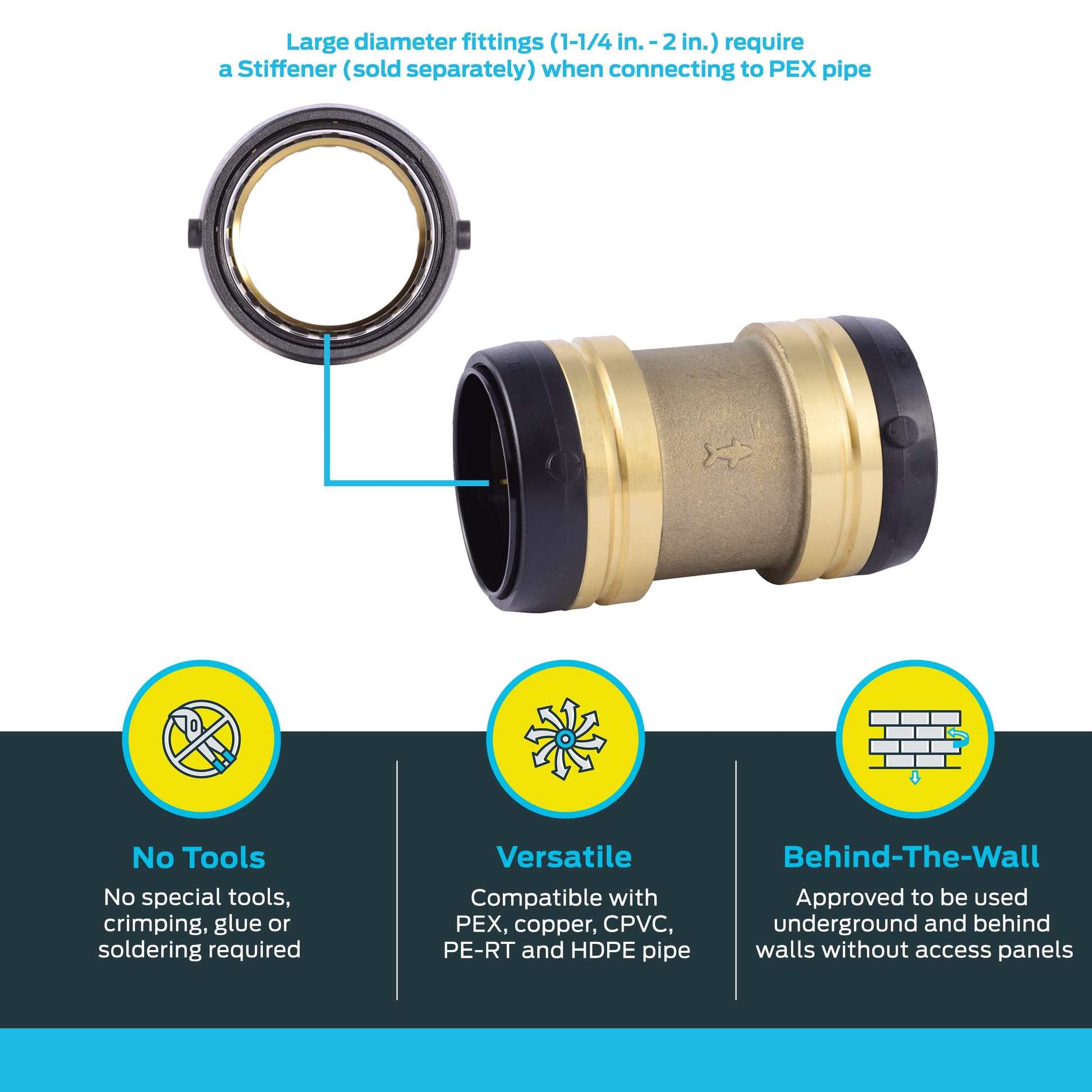 SharkBite 2 Inch Coupling, Push to Connect Brass Plumbing Fitting, PEX Pipe, Copper, CPVC, PE-RT, HDPE, UXL0154