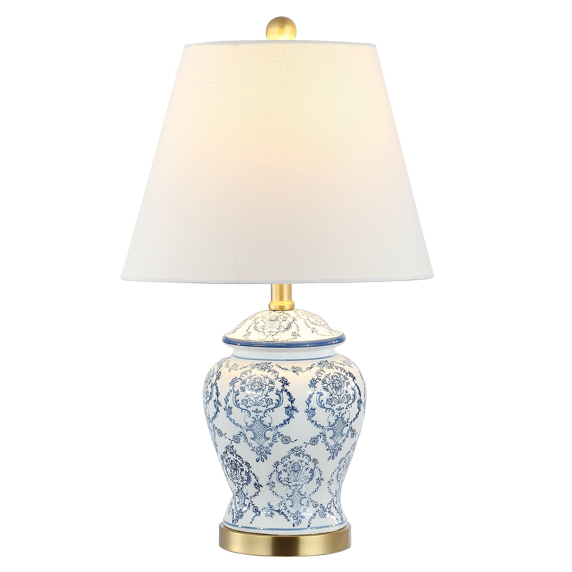 JONATHAN Y 22.25" Blue/White Chinoiserie Ceramic Urn Table Lamp, Traditional Classic Nightstand Lamp for Living Room Bedroom, White Linen Shade, LED Bulb Included JYL3085A