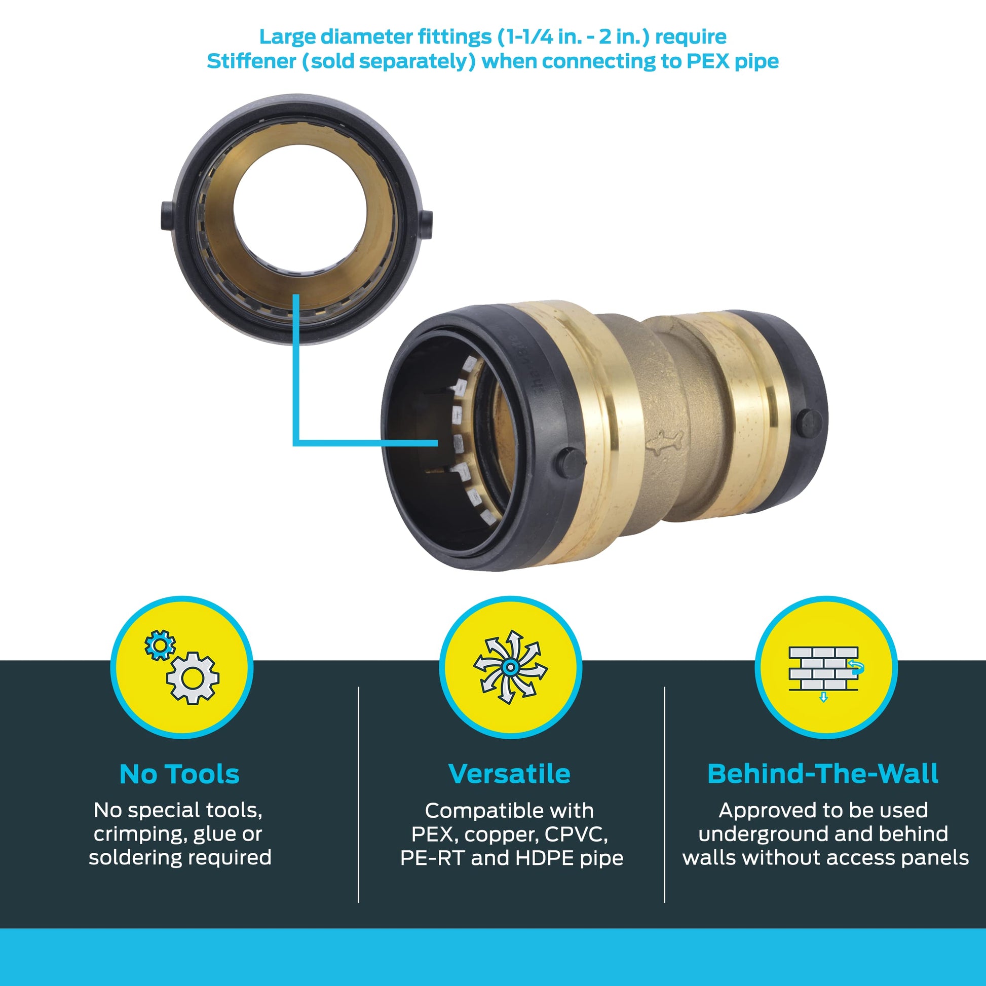 SharkBite 2 Inch x 1-1/2 Inch Reducing Coupling, Push to Connect Brass Plumbing Fitting, PEX Pipe, Copper, CPVC, PE-RT, HDPE, UXL015441