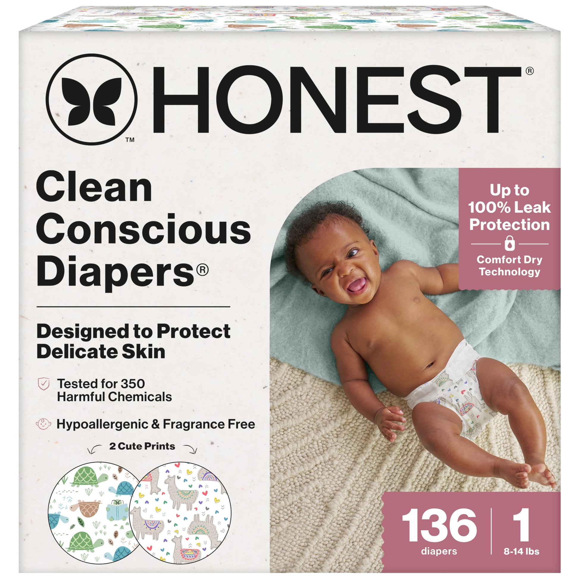 The Honest Company Daytime Daytime Diapers, All the Alpacas, Size 1, 136 Ct