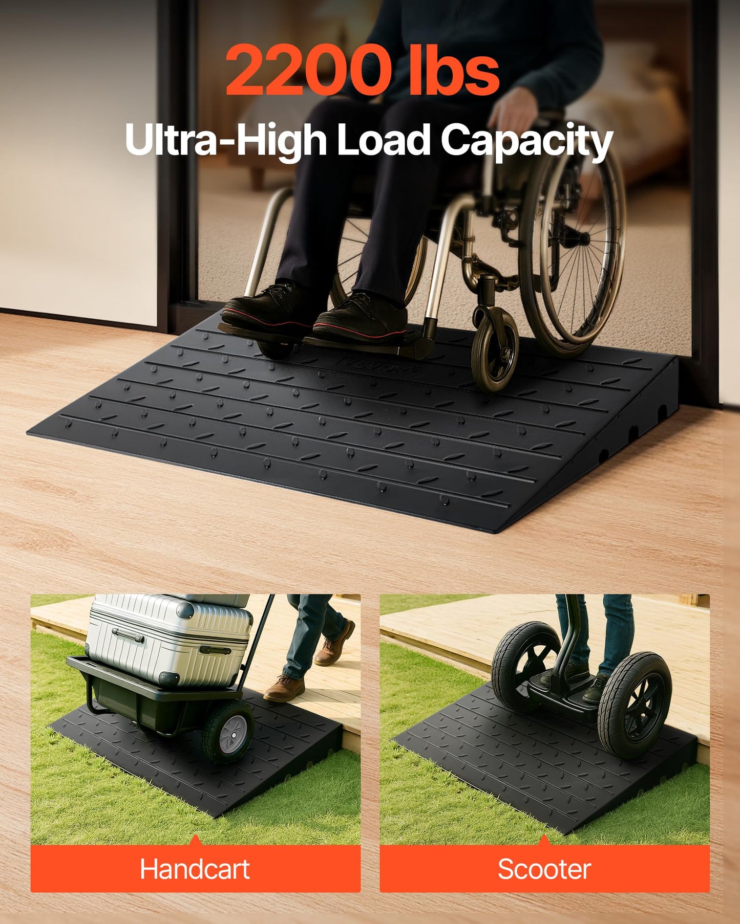 VEVOR 3" Rise Rubber Threshold Ramp, 3 Channels Cord Cover Door Ramp, No-Slip Surface, 2200 Lbs Load Capacity Rubber Ramp for for Home Doorways Driveways Curb Home Steps, 41.8" L x 24" W x 3" H, 53lbs