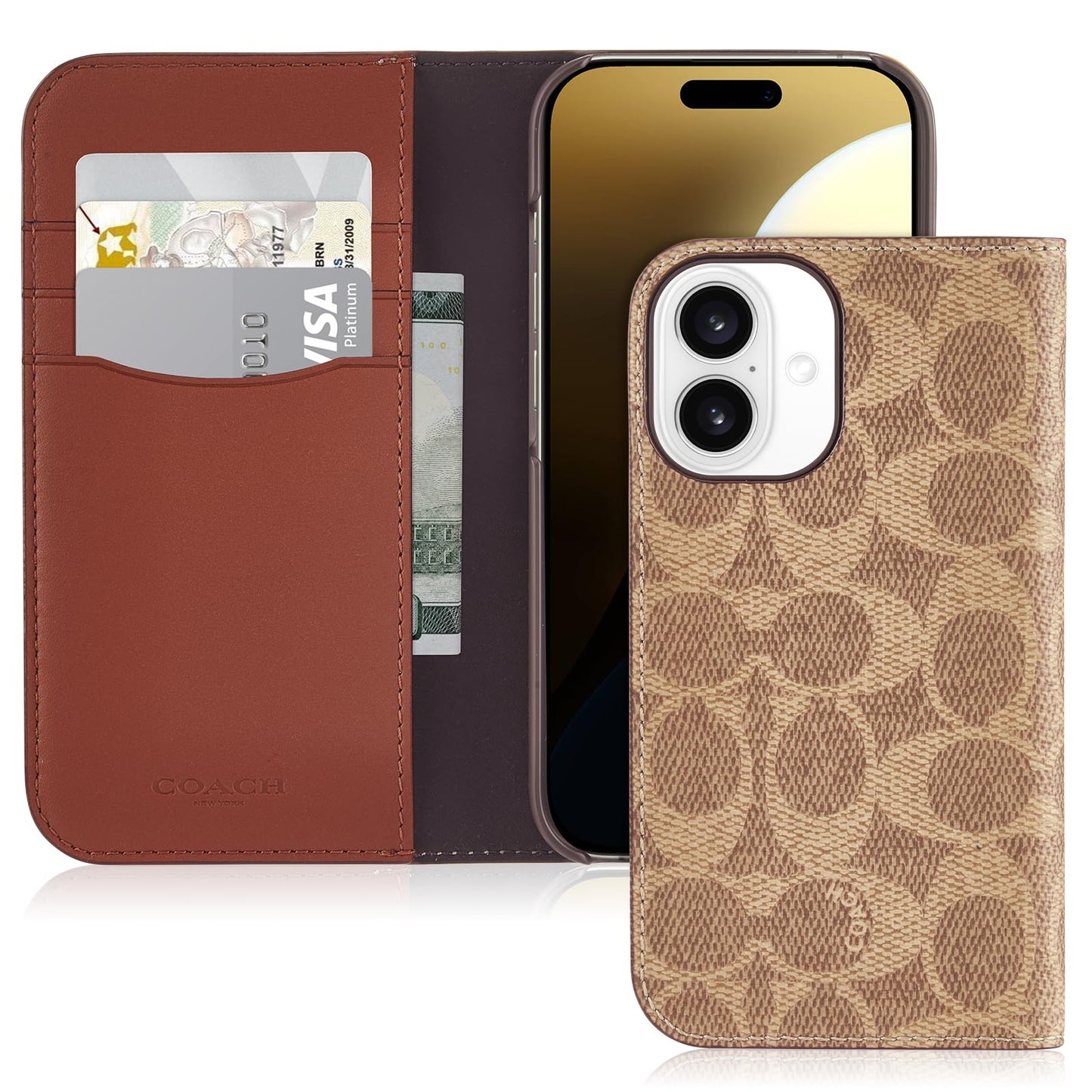 Coach Signature Canvas Wallet Folio iPhone 16 Case - Designer Phone Case - Signature Tan
