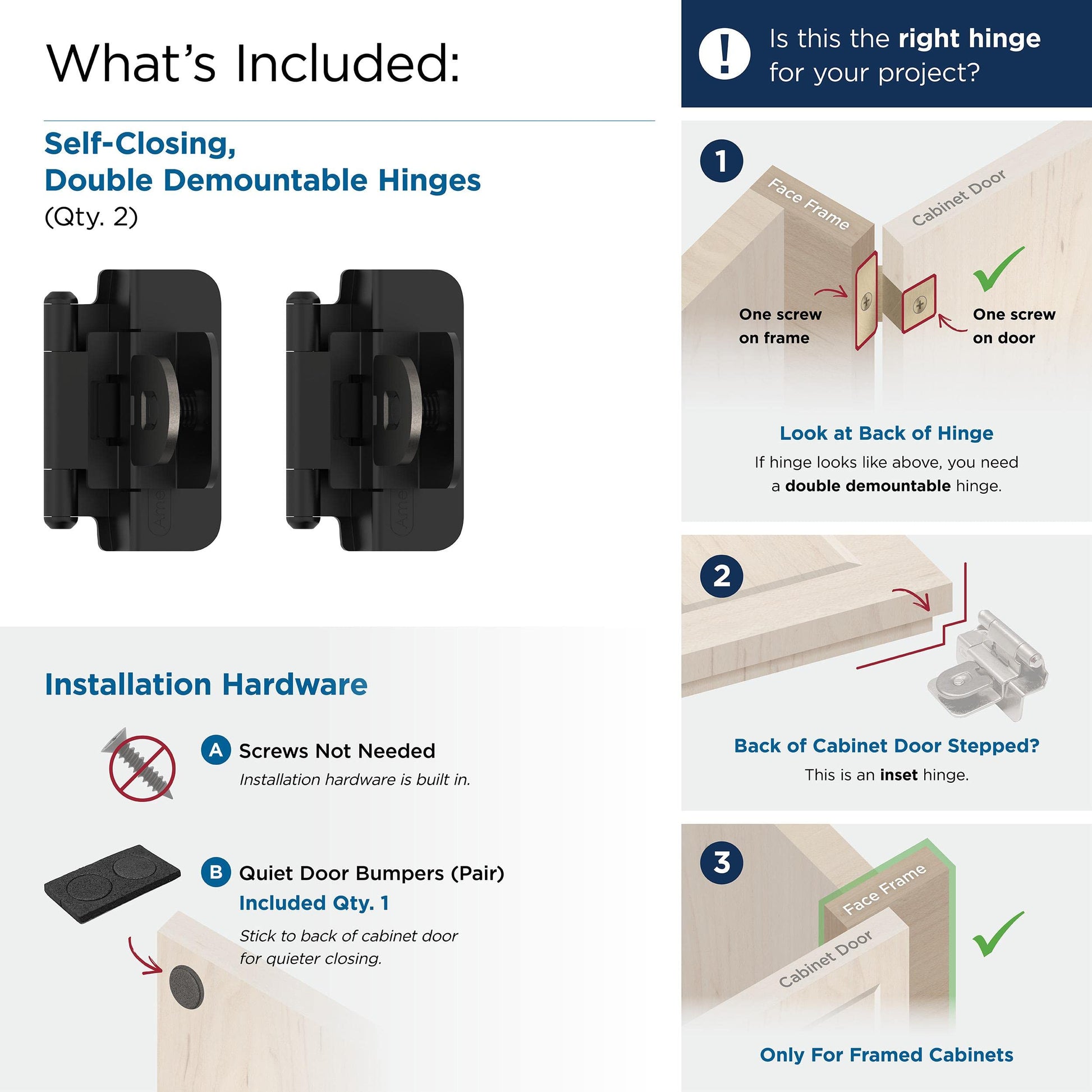 Amerock BPR8700FB | Cabinet Hinge | 3/8 inch (10 mm) Inset Double Demountable | Matte Black | Kitchen Cabinet Door Hinge | 1 Pair/2 Pack | Functional Hardware