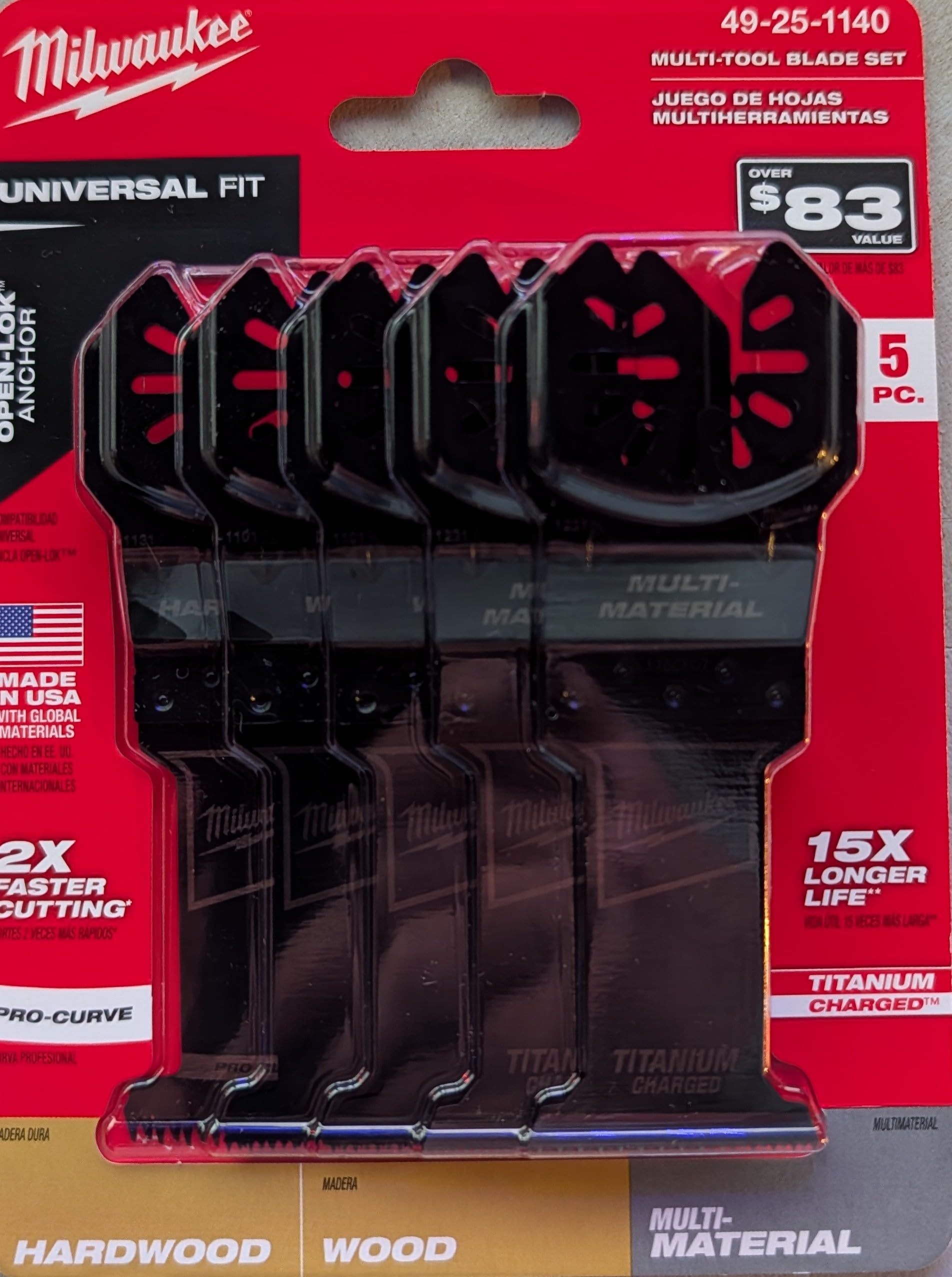 MILWAUKEE Open-LOK Universal Fit Oscillating Multi-Tool Blade Set, 5-Piece, Titanium Charged Bi-Metal, Japanese Tooth, for Wood, Hardwood, Drywall, PVC