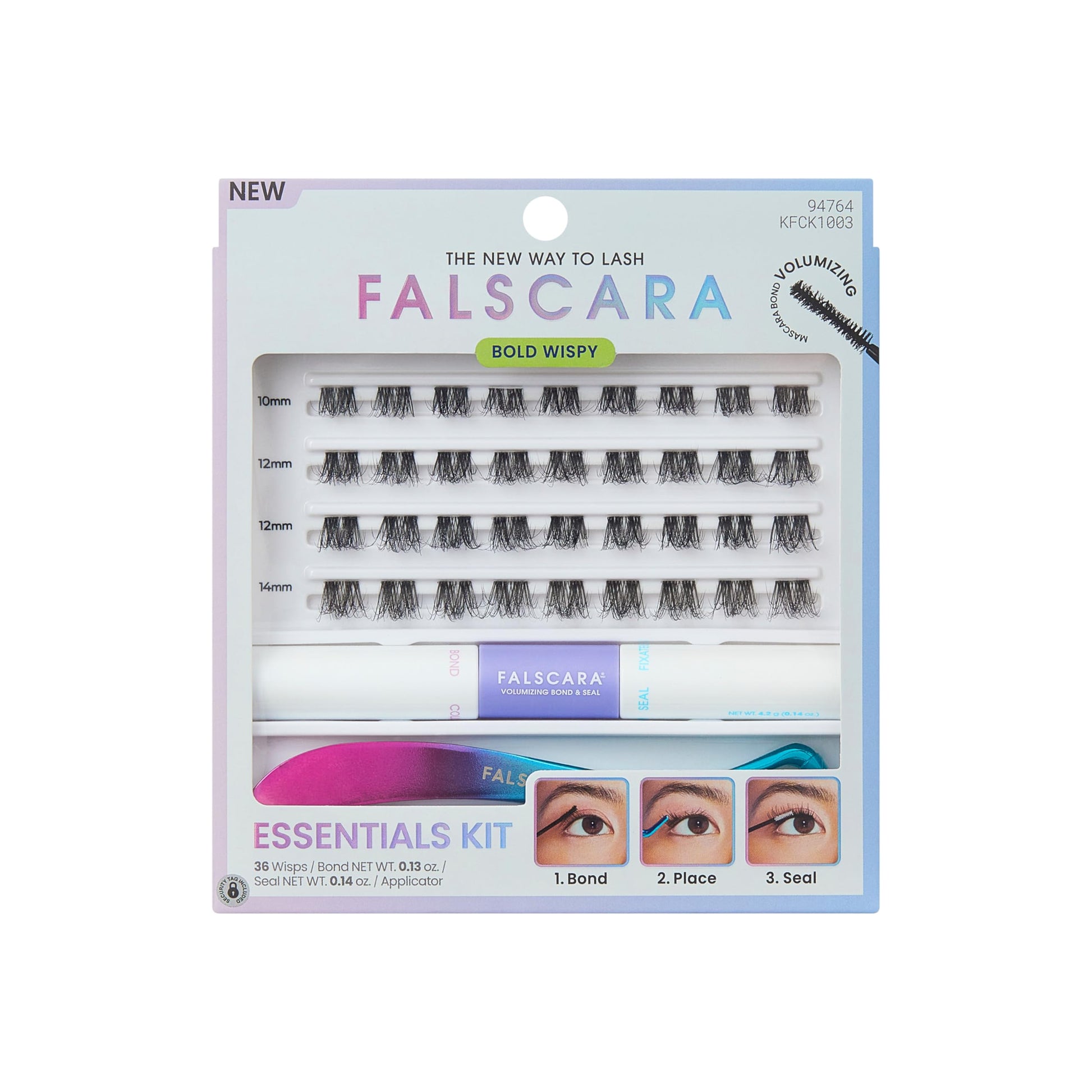 Falscara Essentials Kit, False Eyelashes, Bold Wispy, 10mm-14mm, Includes 36 Clusters, 1 Bond & Seal, 1 Applicator, Easy to Apply, Reusable