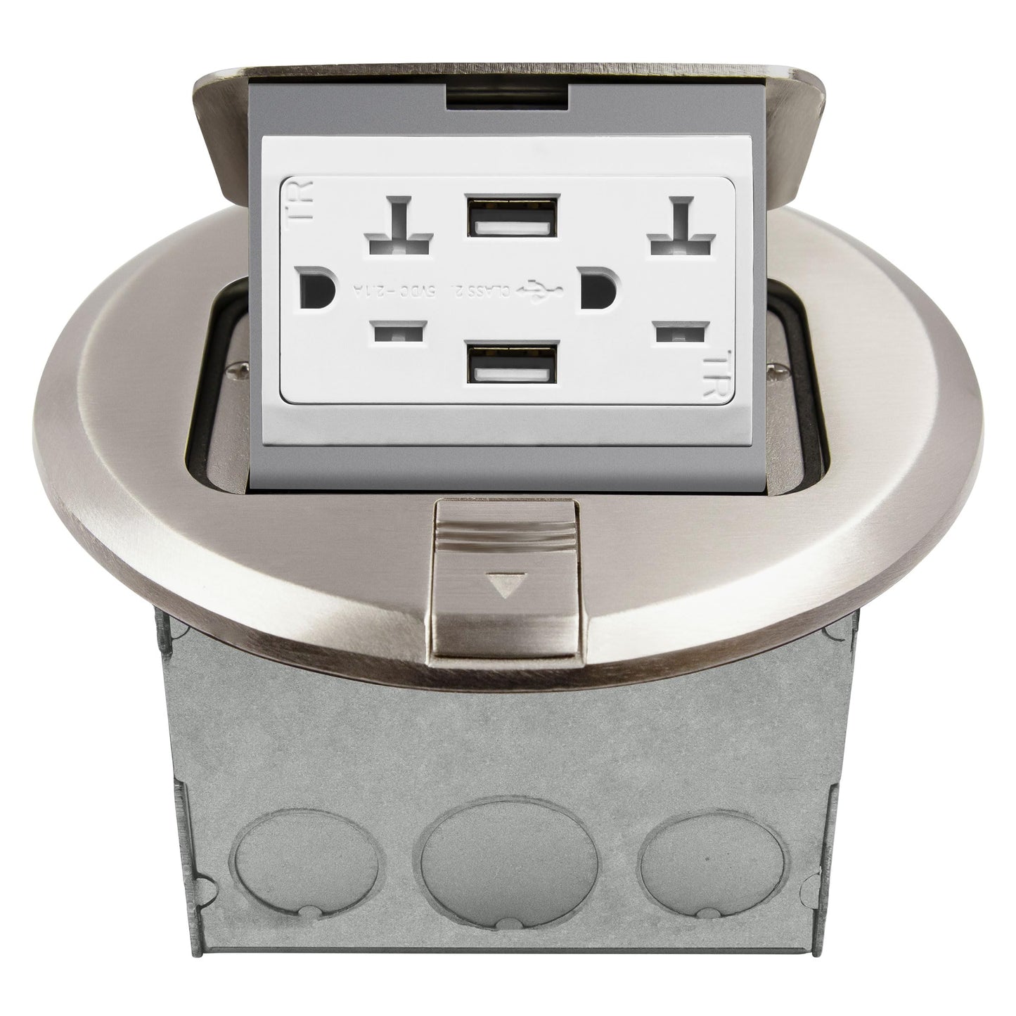 ENERLITES Round Pop-Up Floor Box Kit, 6" Diameter Cover, 20A Tamper-Resistant USB Receptacle, Watertight Gasket, Corrosive Resistant Hardware, 961501-S-USB, Nickel Plated Brass Cover