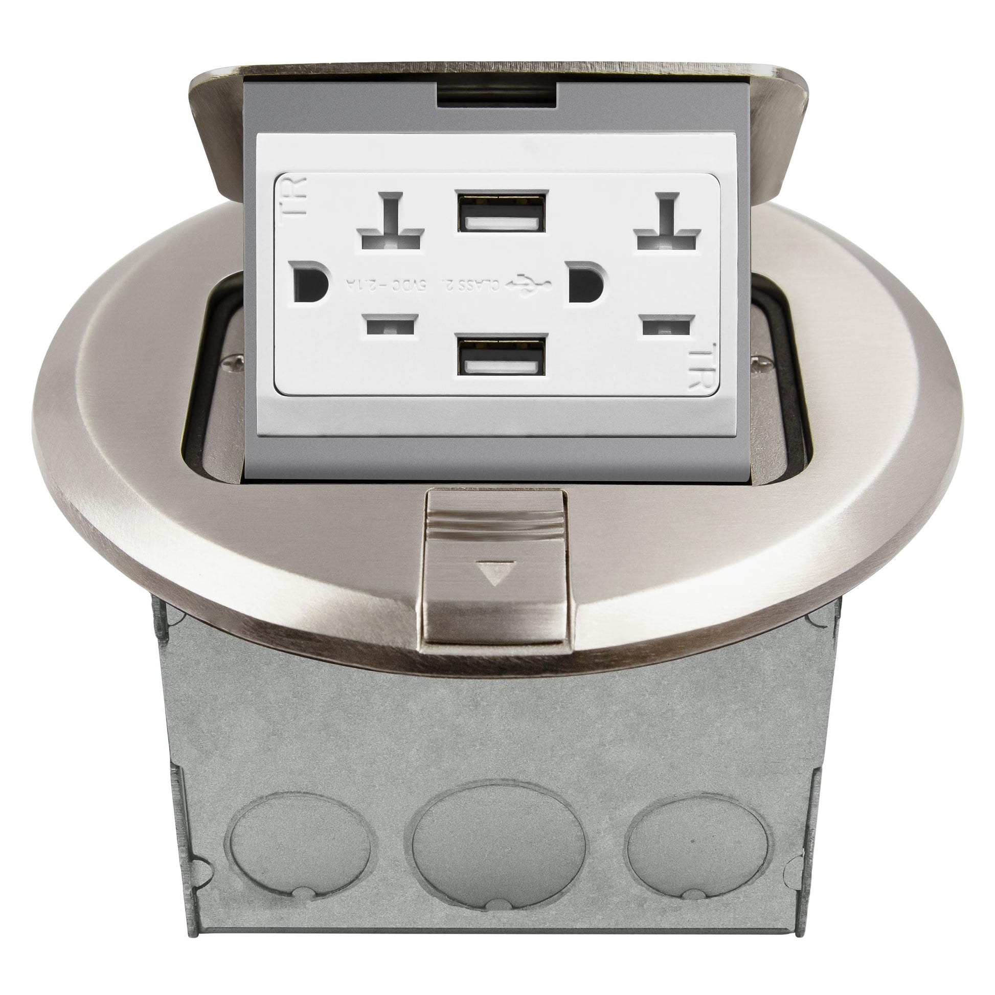 ENERLITES Round Pop-Up Floor Box Kit, 6" Diameter Cover, 20A Tamper-Resistant USB Receptacle, Watertight Gasket, Corrosive Resistant Hardware, 961501-S-USB, Nickel Plated Brass Cover
