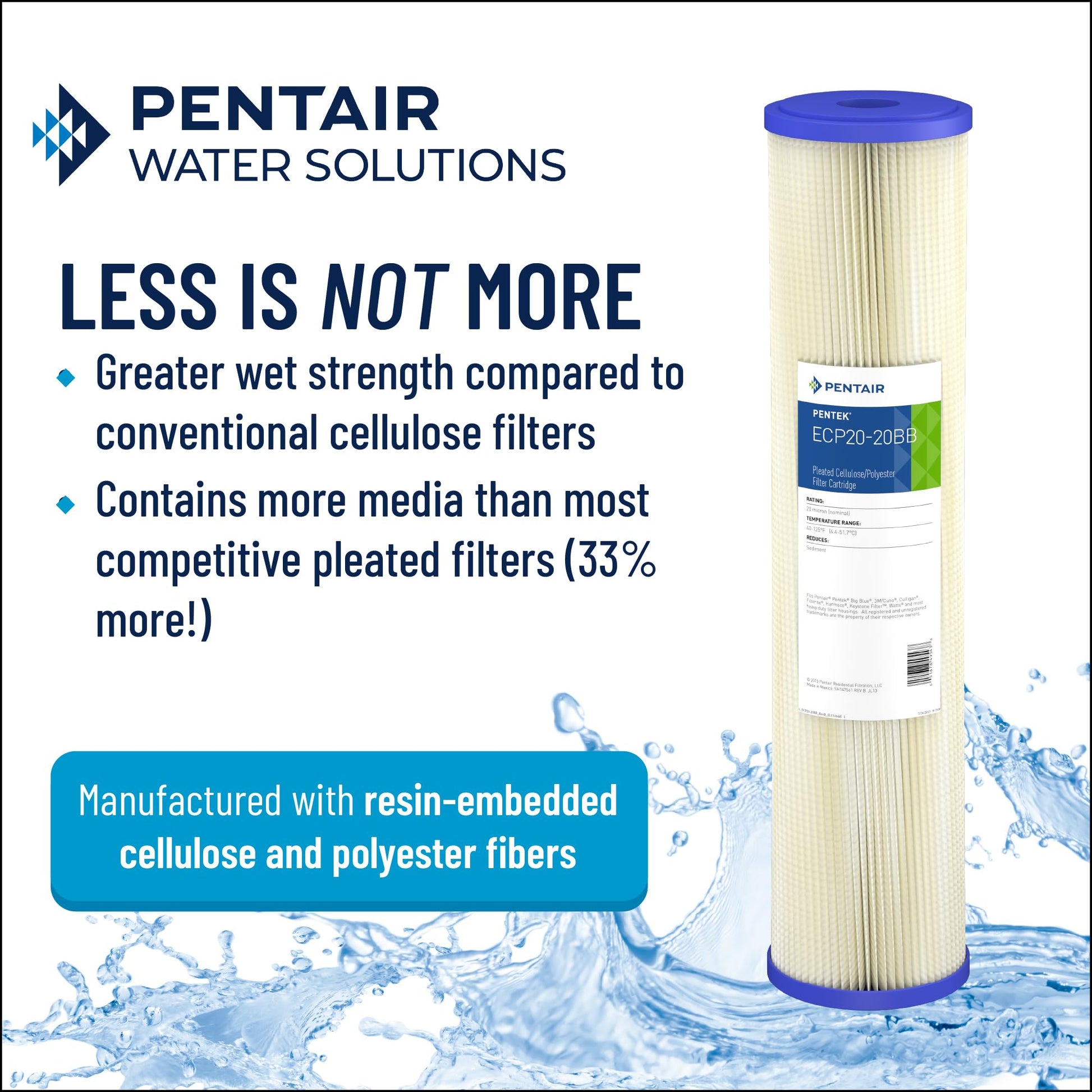 Pentair Pentek ECP20-20 Sediment Water Filter, 20-Inch, Whole House Pleated Cellulose Polyester Replacement Cartridge, 20" x 2.5", Blue End-Cap, 20 Micron