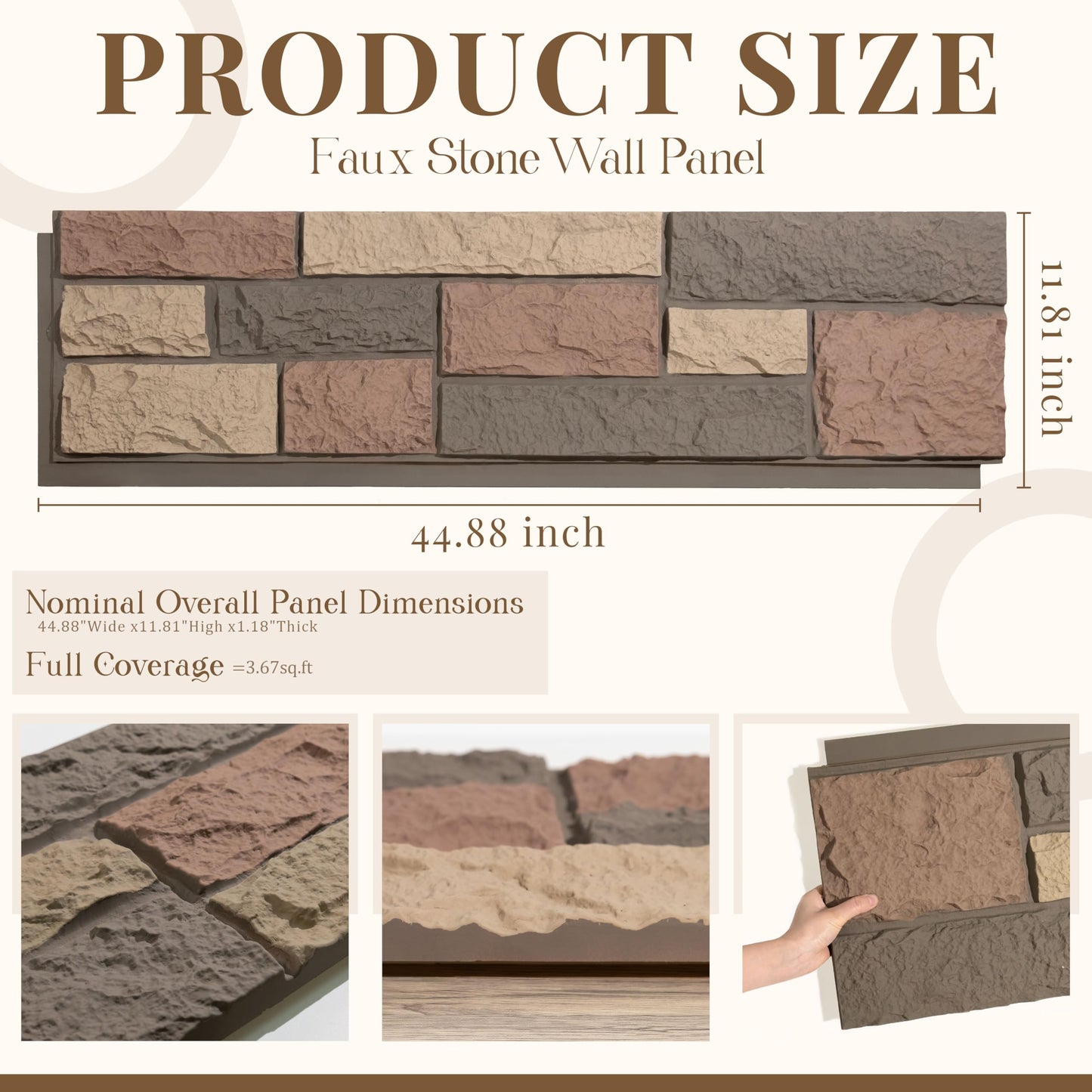 Brakki Faux Brick Wall Panels, 1-Pack 3D Stone Veneer 44.88"x11.81"x1.18", High-Density PU Faux Stone Wall Panel for Exterior and Interior Decor, Easy to Cut, Cognac Brown