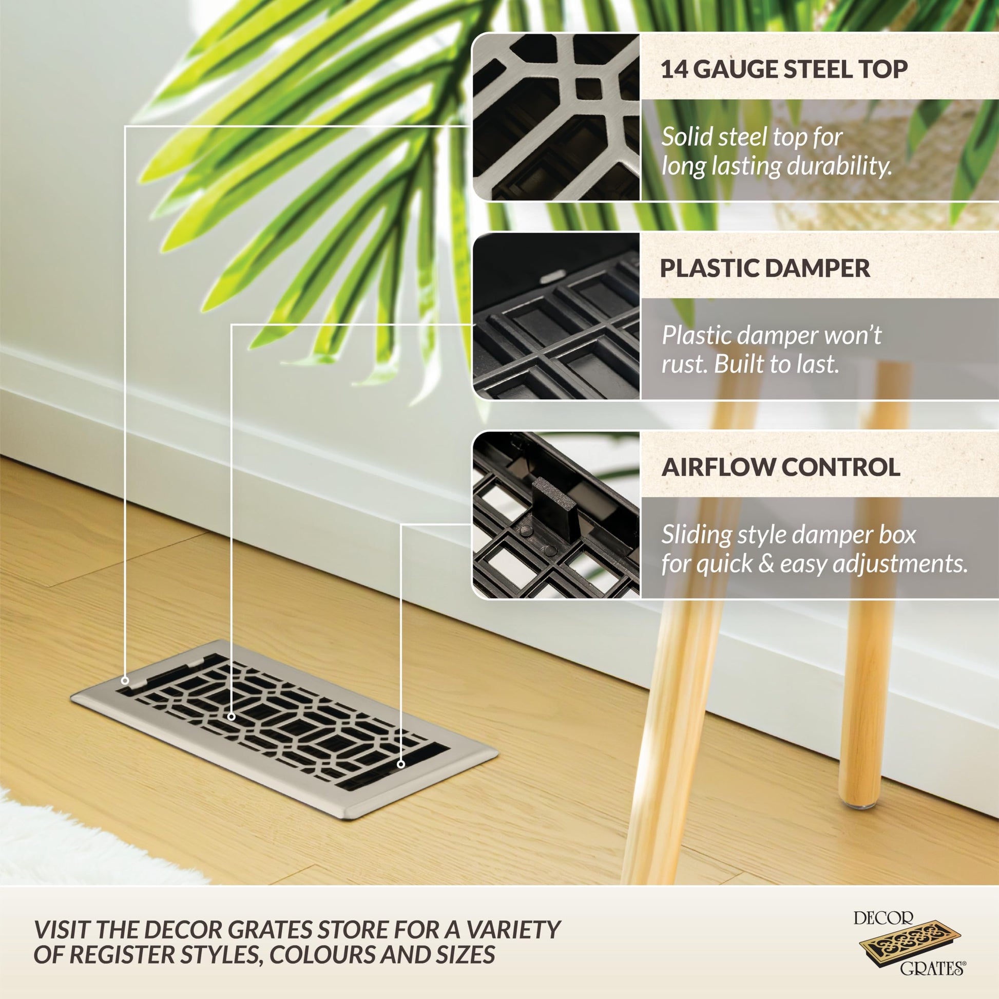 Decor Grates 4x12 New Gothic Floor Register Vent Cover, Fits 4"x12" Floor Vent Opening, Adjustable Airflow Control, Brushed Nickel (NGH412-NKL)