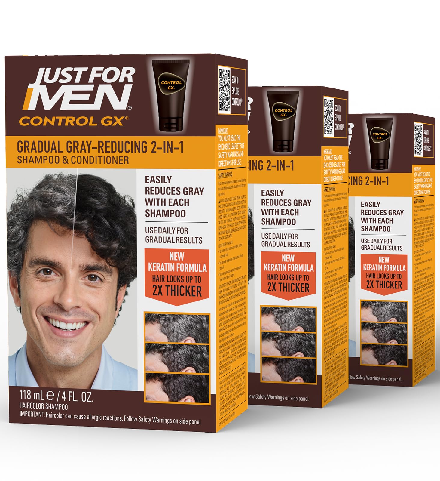Just for Men Control GX Grey Reducing 2-in-1 Shampoo and Conditioner, Gradual Color with Keratin for Stronger Thicker and Healthier Looking, 4 Fl Oz - Pack of 3