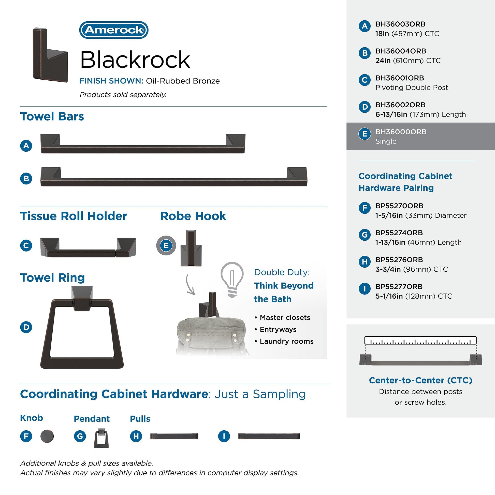Amerock BH36000ORB | Oil Rubbed Bronze Single Robe Hook | 3-9/16 in. (90 mm) Length Towel Holder | Blackrock | Towel Hook for Bathroom | Bathroom Hardware | Bath Accessories