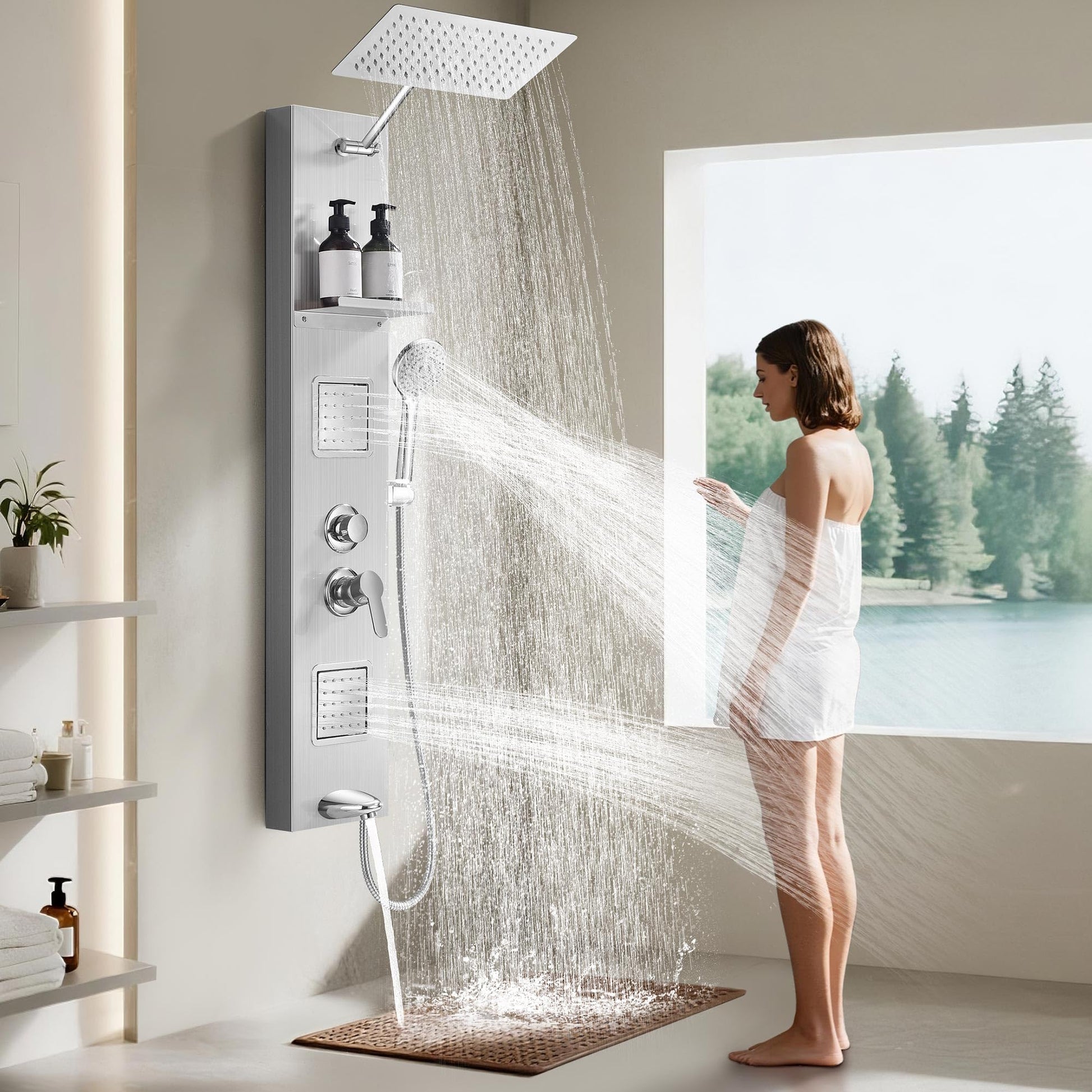 Shower Panel Tower System with Shelf, Body Jet Massage, Tub Spout, Total 4 Body Spray & 5 Handheld Settings, Adjustable Height, Rainfall + Waterfall Shower Head, Rain Massage Spa System For Bathroom
