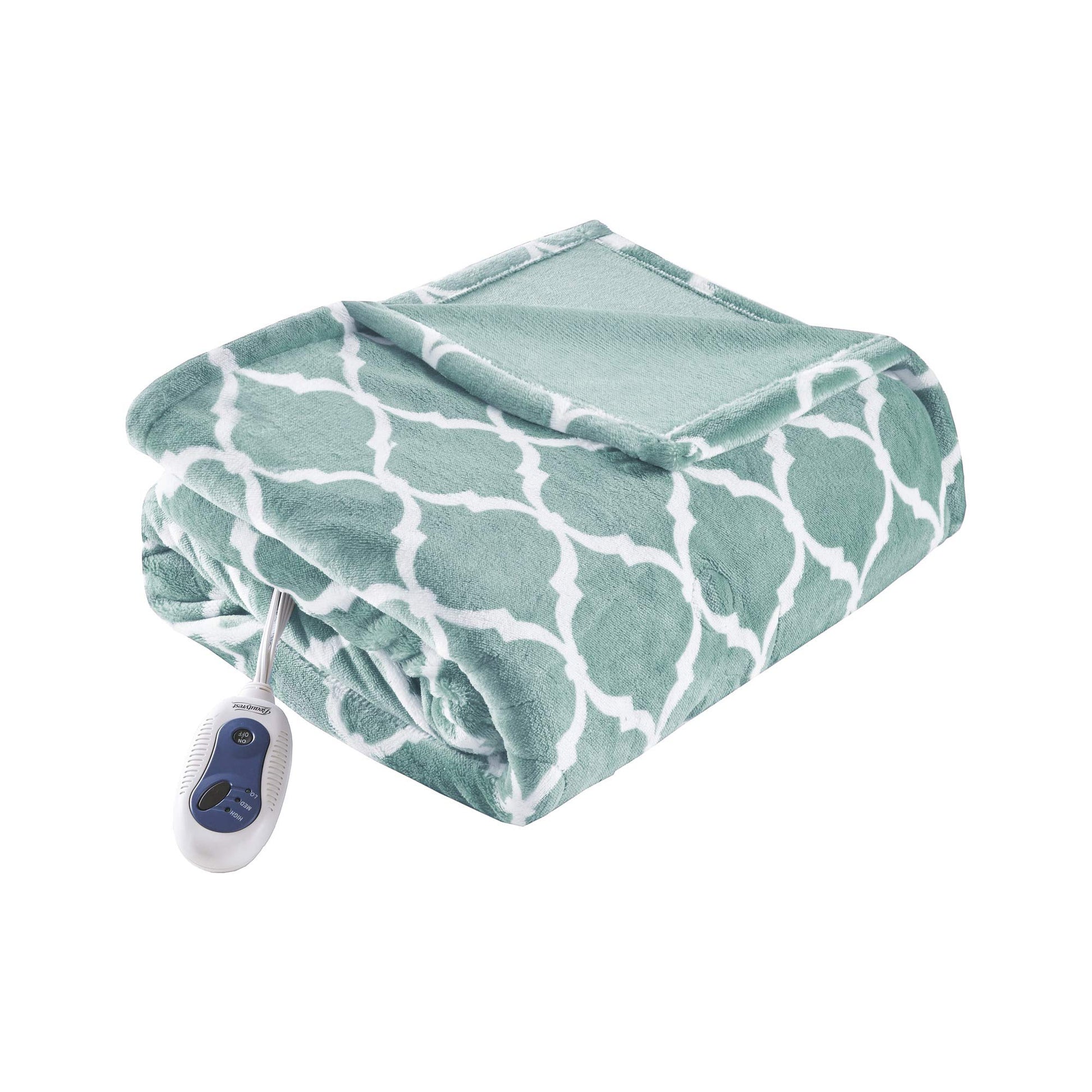Beautyrest Ogee Printed Plush Electric Blanket for Cold Weather, Fast Heating, Auto Shut Off, Virtually Zero EMF, Multi Heat Setting, UL Certified, Machine Washable, Aqua Oversized Throw 60x70