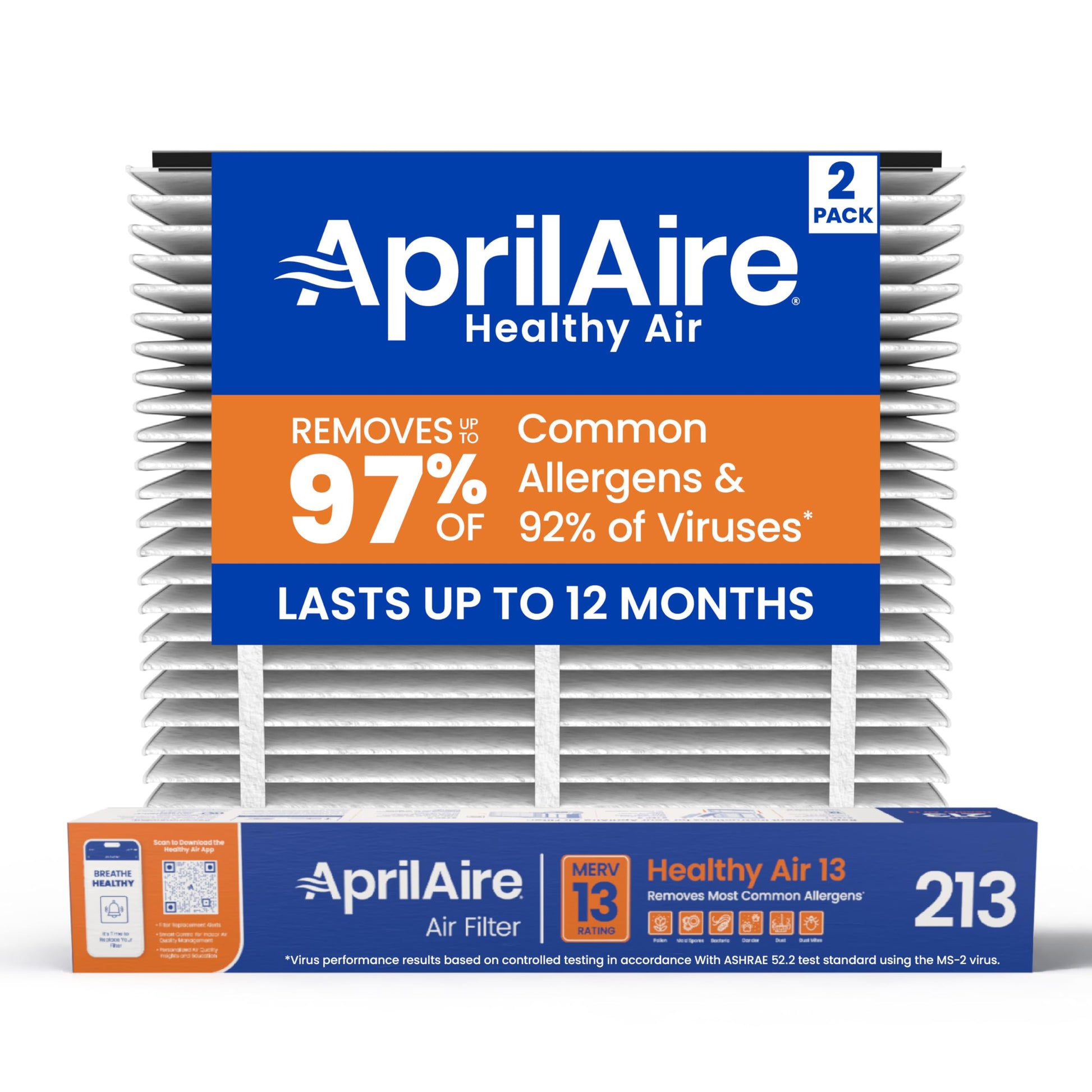 Genuine AprilAire 213 Replacement Filter for AprilAire Whole-House Air Purifiers - MERV 13, Healthy Home Allergy, 20x25x4 Air Filter (Pack of 2)