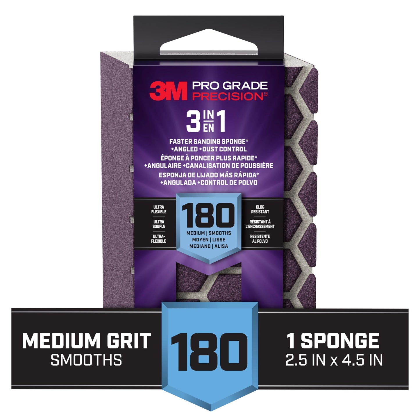 3M Pro Grade Precision 3-in-1 Sanding Sponge, 180 Grit Medium, for Woodworking, Drywall Prep, and Refinishing, 2.5 in x 4.5 in x 1 in