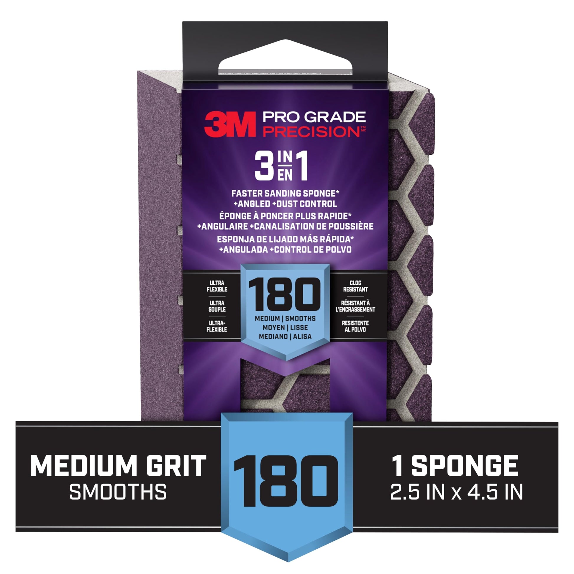 3M Pro Grade Precision 3-in-1 Sanding Sponge, 180 Grit Medium, for Woodworking, Drywall Prep, and Refinishing, 2.5 in x 4.5 in x 1 in